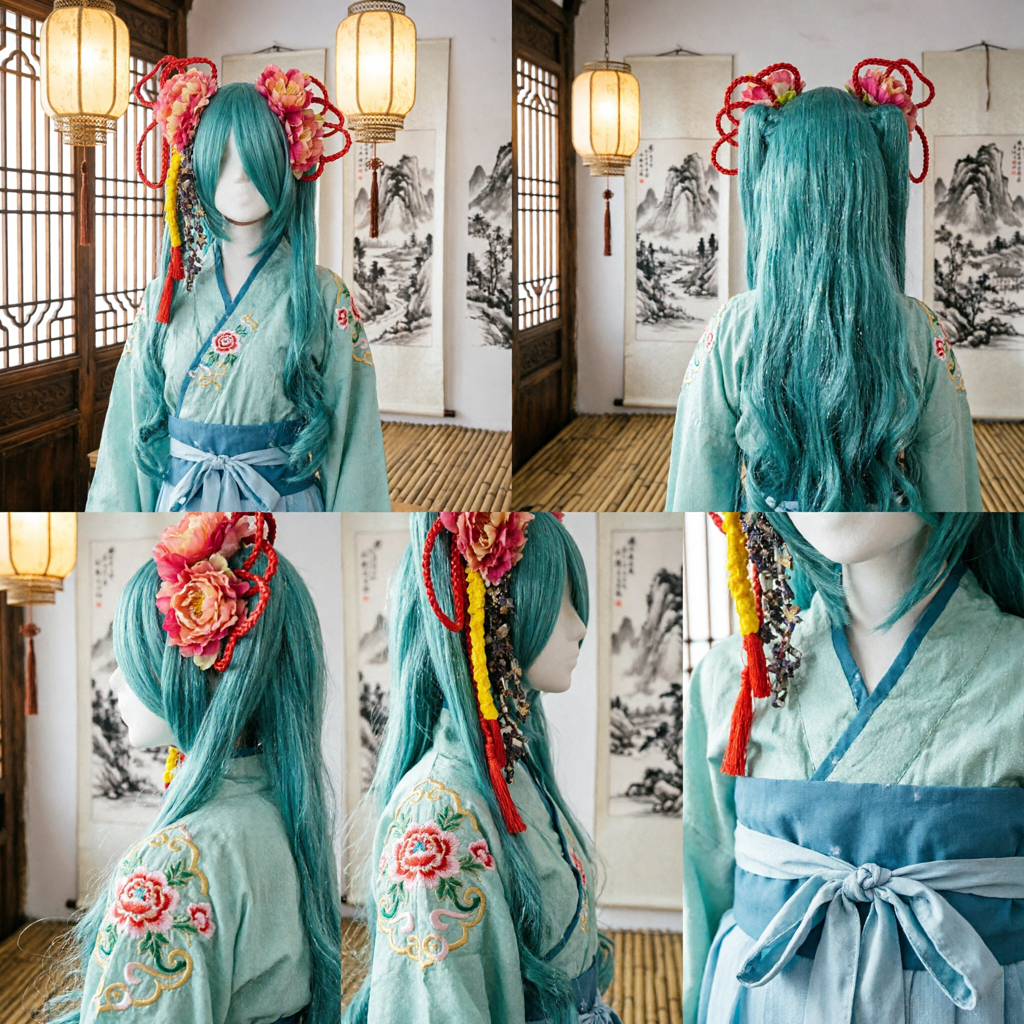 Teal Long Straight Wig with Traditional Chinese Floral Headpiece and Red Braided Cords for Hanfu Cosplay