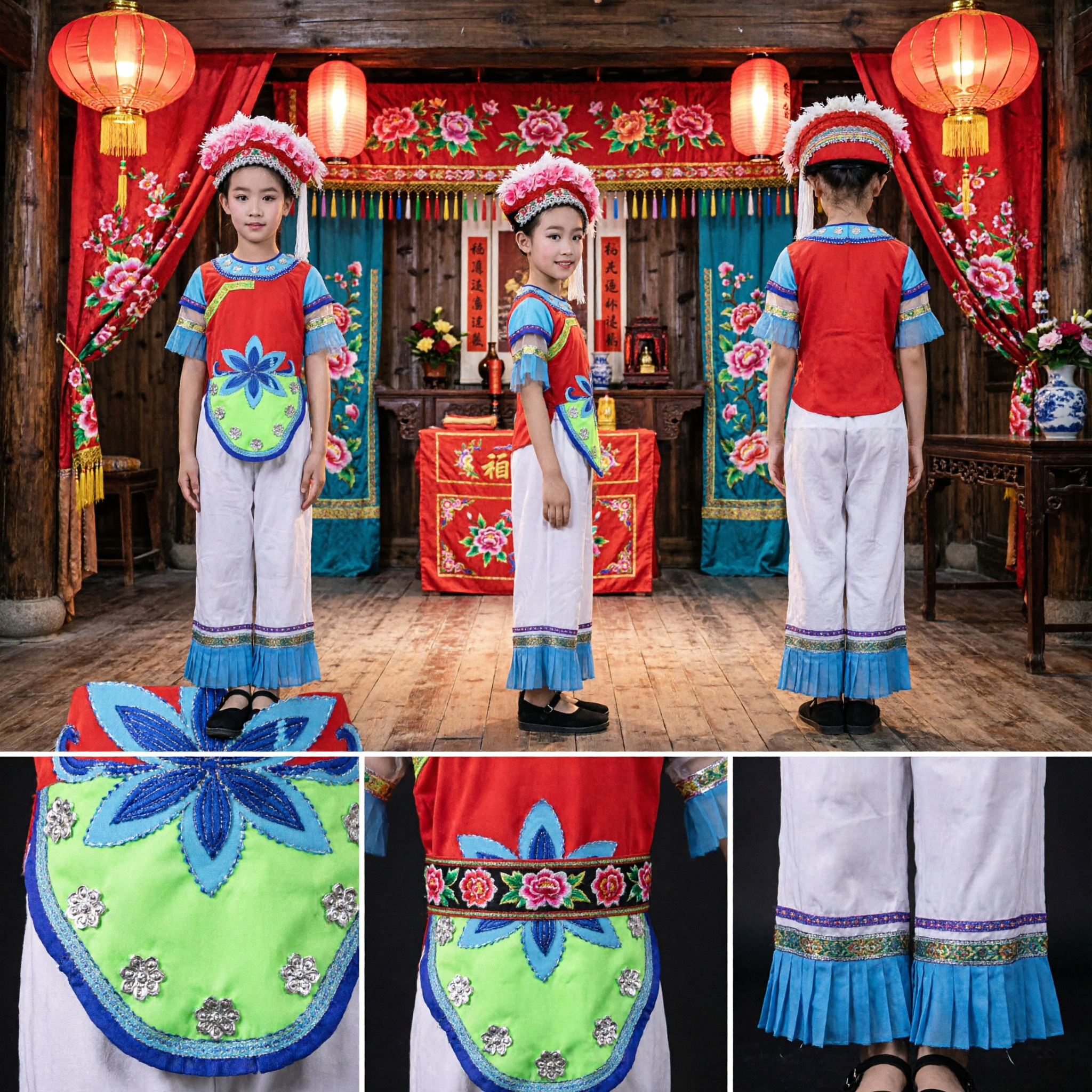 Traditional Chinese Ethnic Folk Dance Costume for Girls Colorful Performance Outfit with Feather Headdress