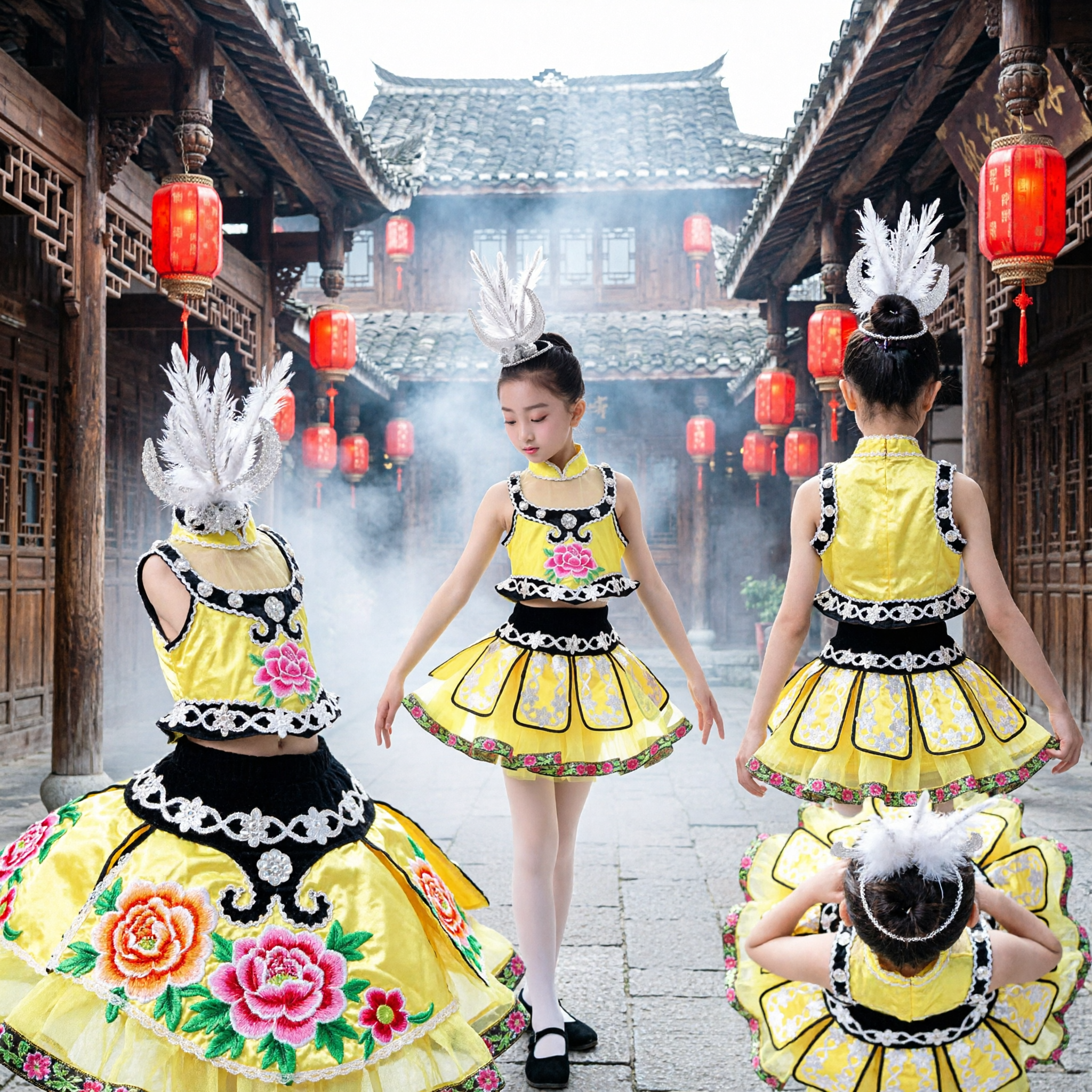 Girls Chinese Folk Dance Costume Yellow Yangge Dress Traditional Ethnic Stage Performance Outfit for Kids