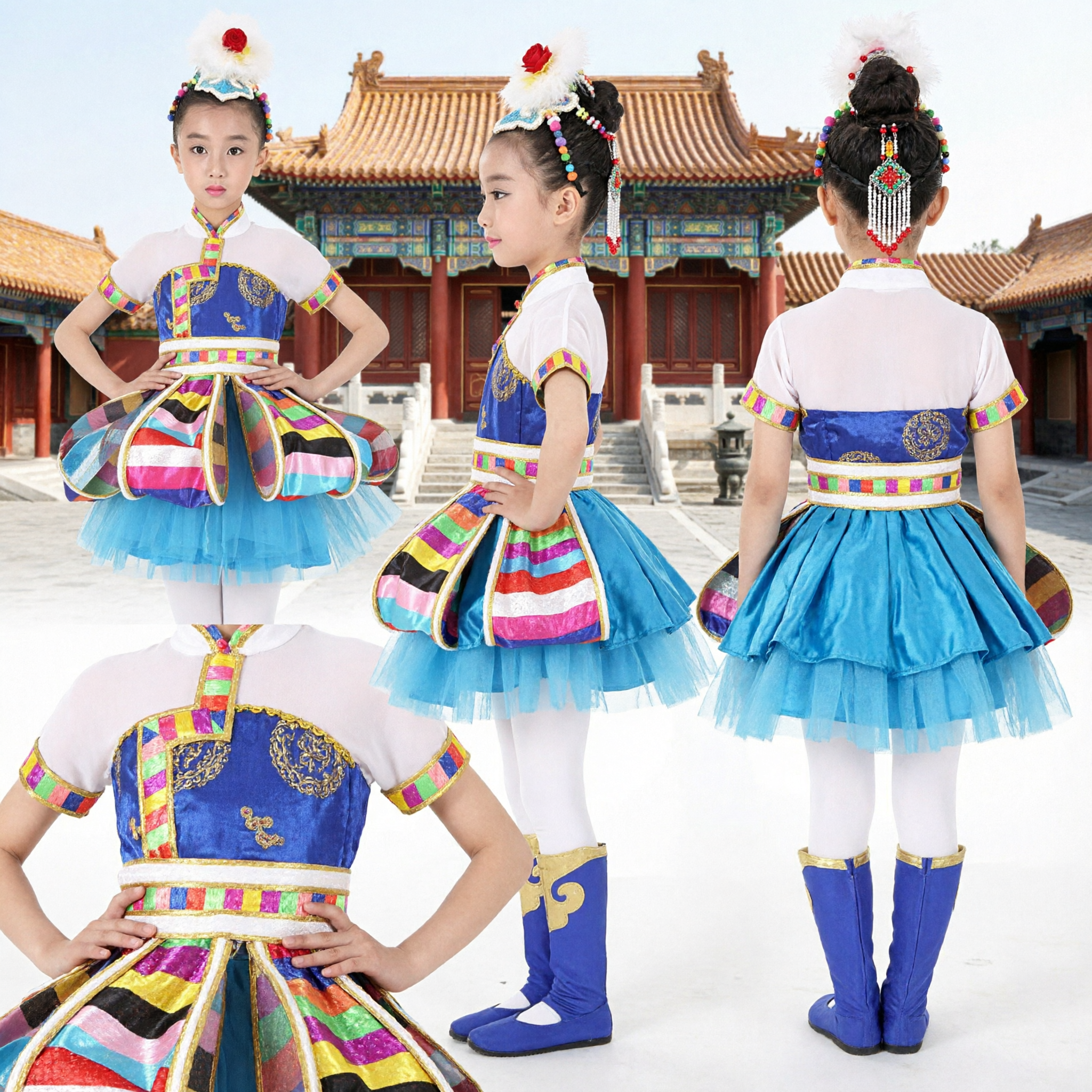 Children Tibetan Folk Dance Costume Traditional Stage Performance Dress for Girls Colorful Ethnic Minority Outfit
