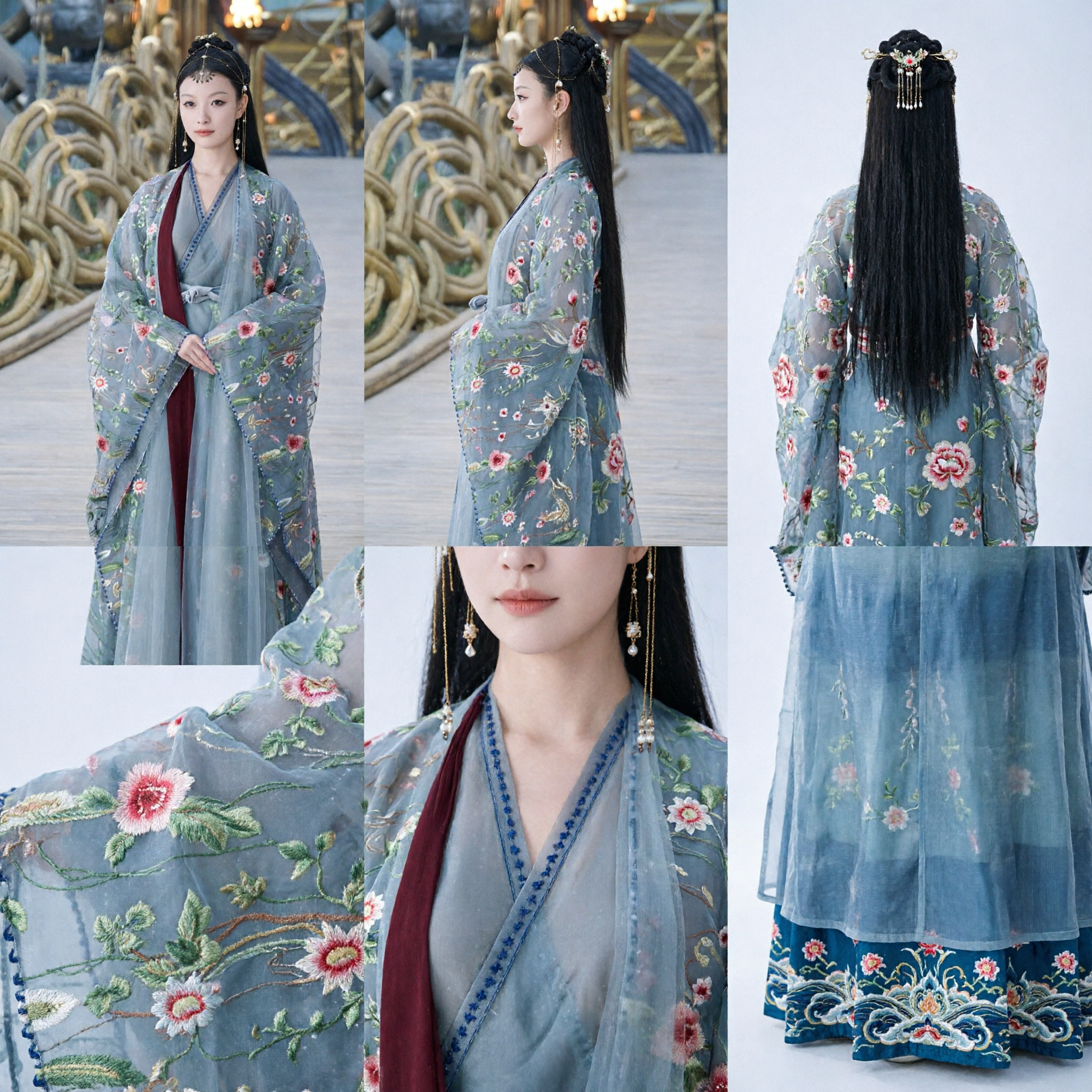 Ancient Chinese Hanfu Costume for Women Blue Floral Embroidered Sheer Robe Historical Period Drama Outfit