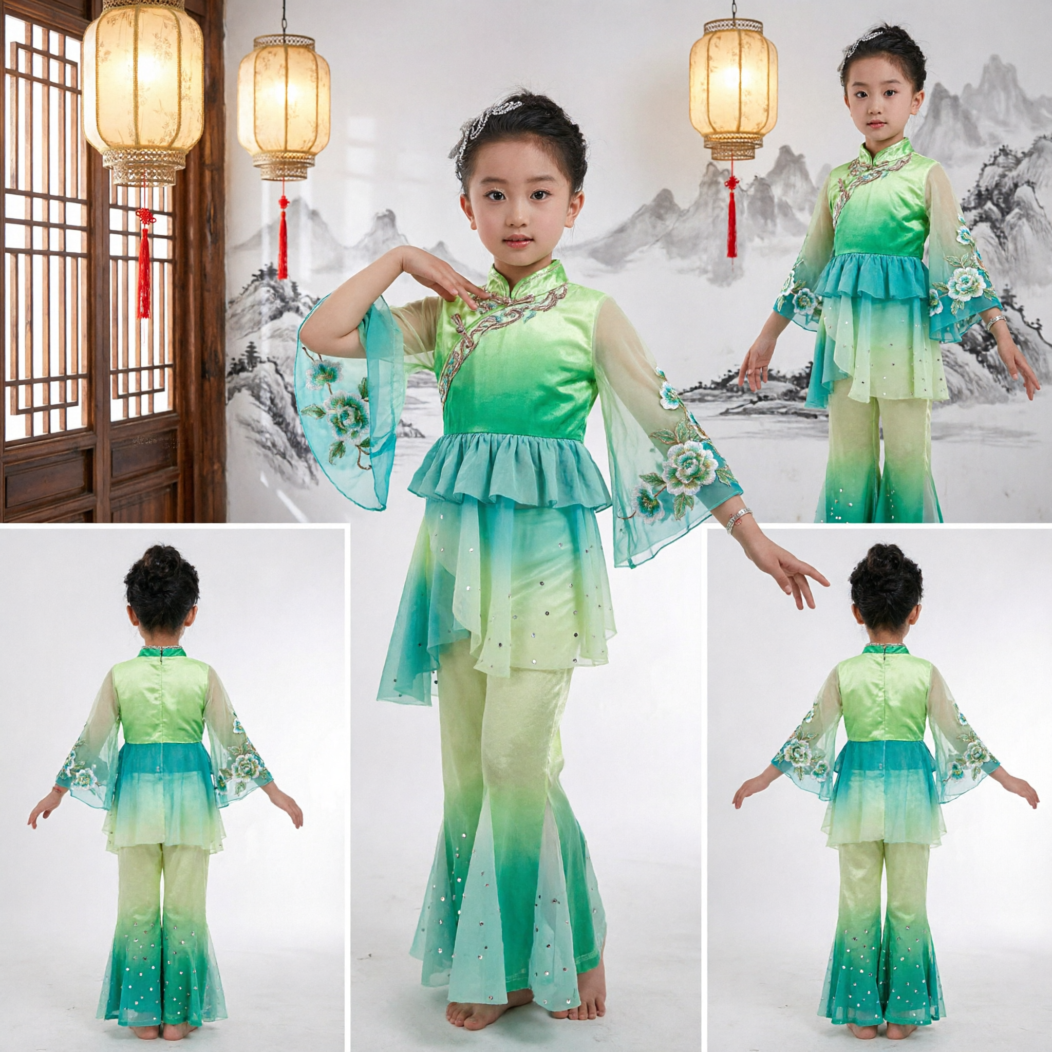 Girls Green Gradient Chinese Dance Costume Kids Stage Performance Folk Dance Dress with Flowing Sleeves