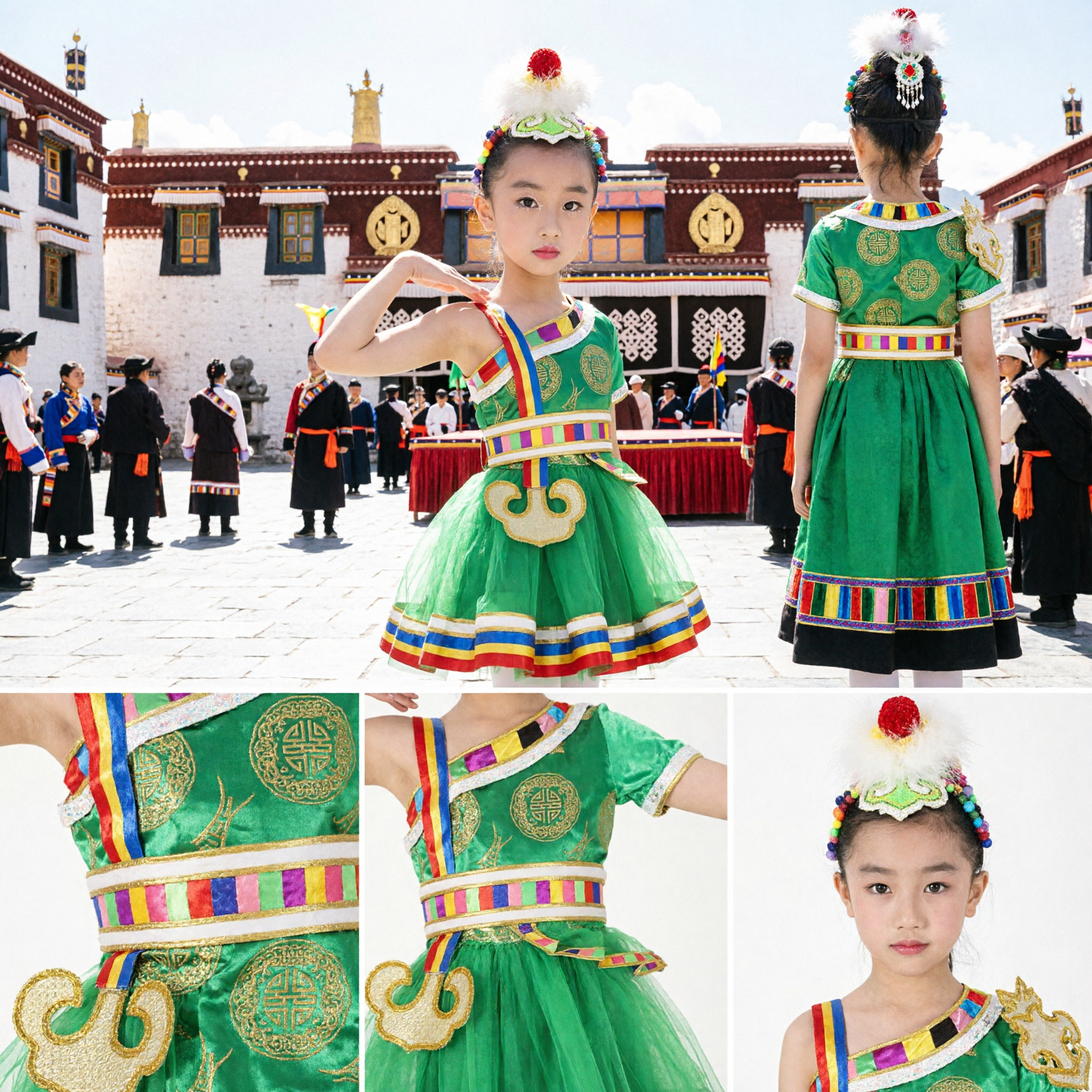 Green Chinese Folk Dance Costume for Girls Traditional Ethnic Stage Performance Dress with Feather Hat
