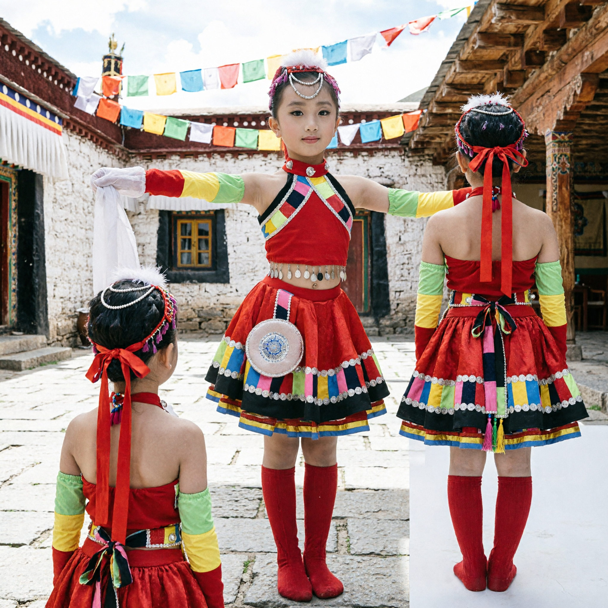 Chinese Traditional Folk Dance Costume for Girls Kids Tibetan Ethnic Stage Performance Outfit Red Dress