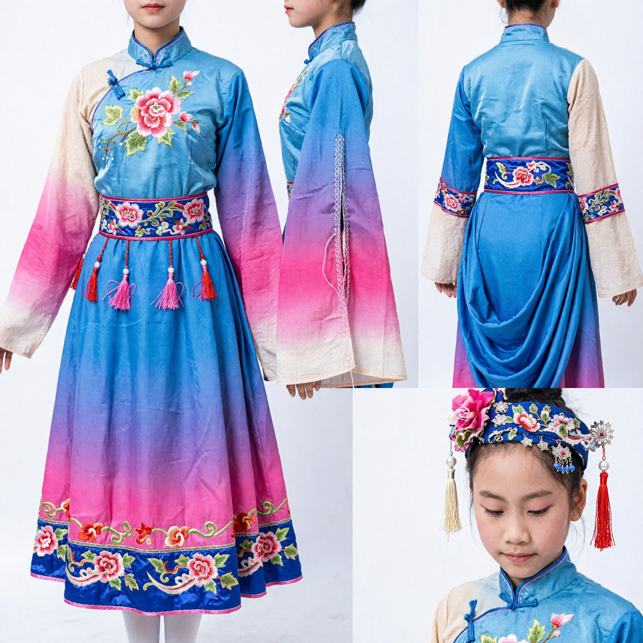 Traditional Chinese Classical Dance Costume for Girls Blue Floral Embroidery Pink Pants Folk Dance Stage Performance Outfit