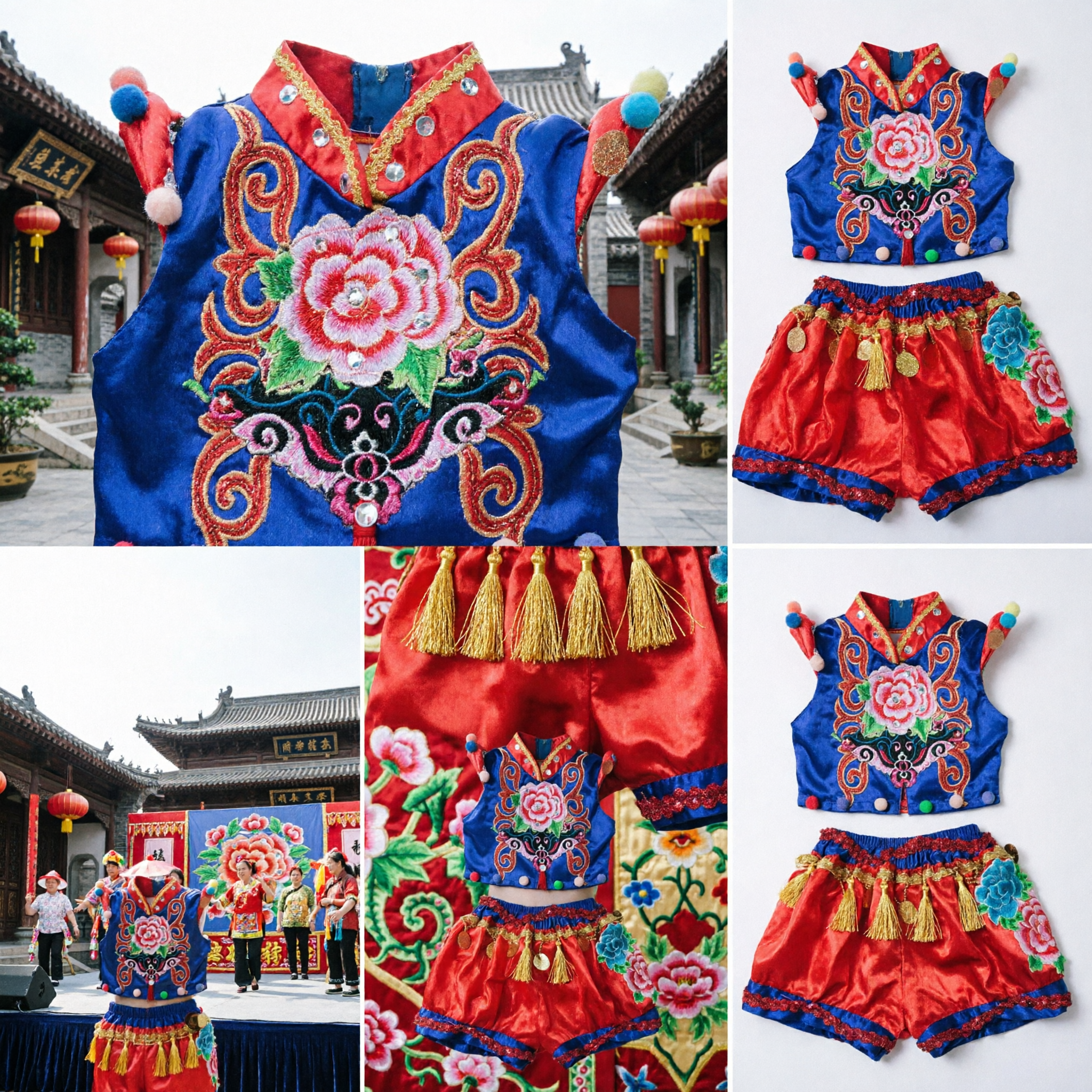 Traditional Chinese Yangge Folk Dance Costume for Kids Blue Embroidered Vest and Red Shorts Performance Set