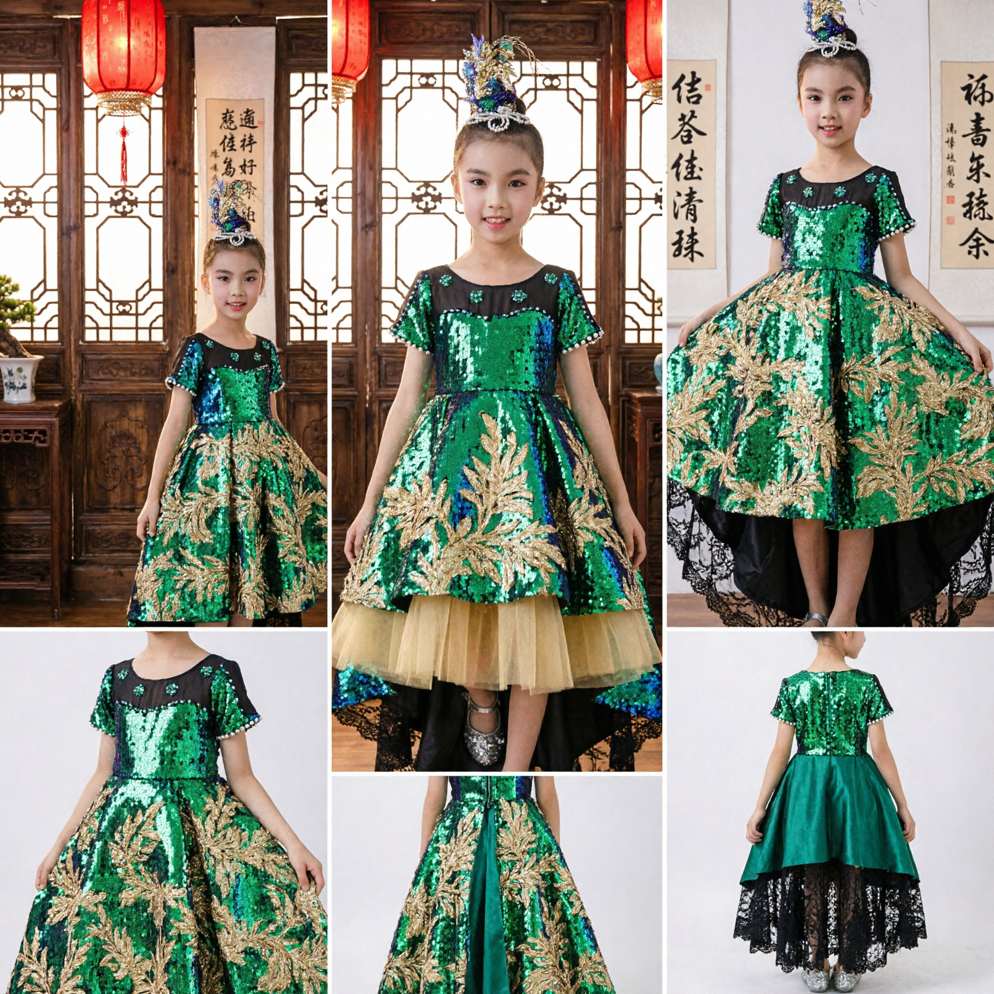 Girls Green and Blue Sequin Ball Gown Stage Performance Costume Kids Dance Host Competition Dress