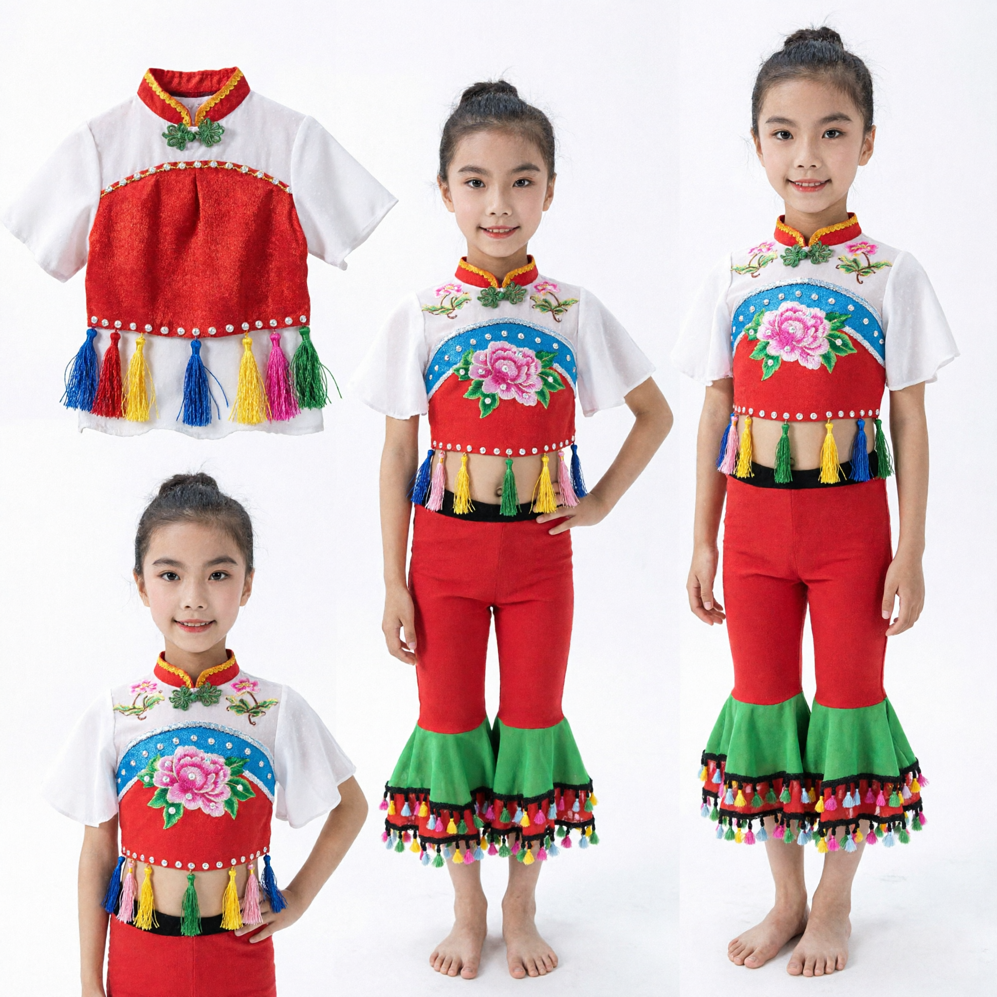 Kids Chinese Folk Dance Costume Girls Traditional Yangge Stage Performance Outfit with Tassels