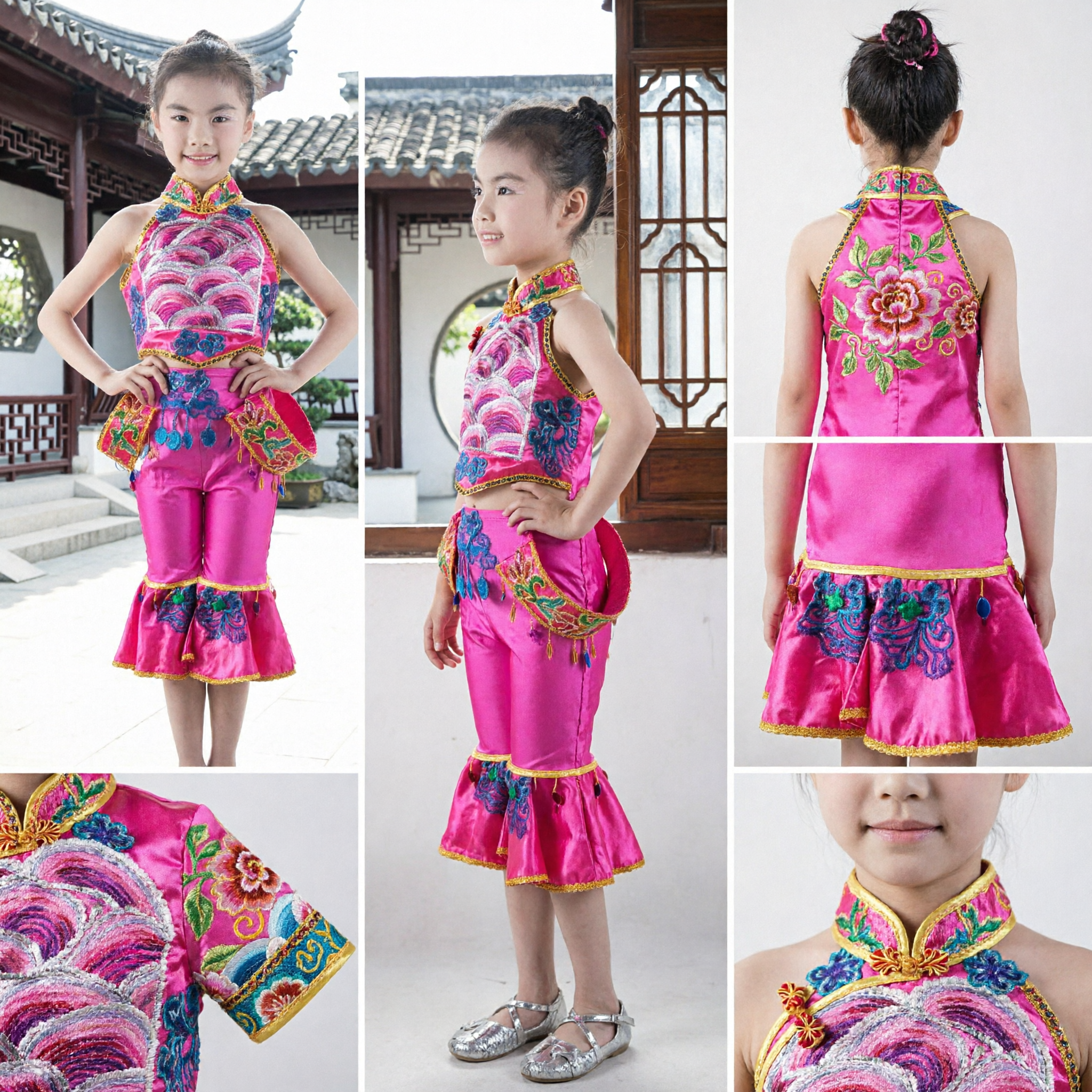 Kids Chinese Folk Dance Costume Pink Yangge Fan Drum Performance Outfit Traditional Embroidered Halter Set for Girls