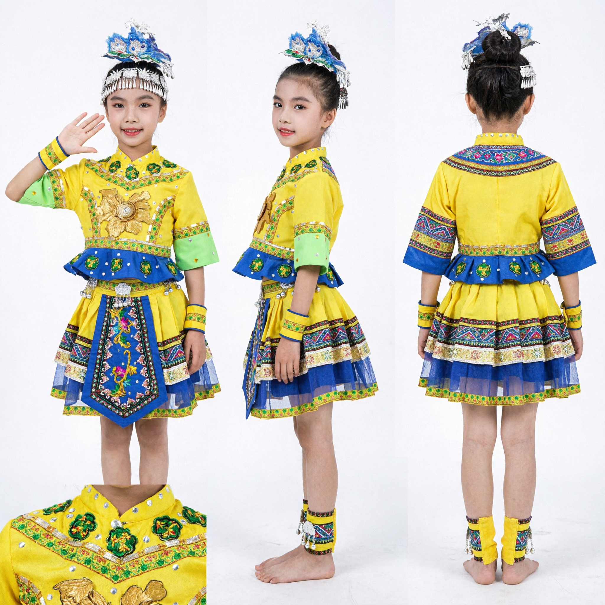 Yellow Chinese Ethnic Minority Dance Costume Traditional Folk Embroidered Dress for Girls Stage Performance