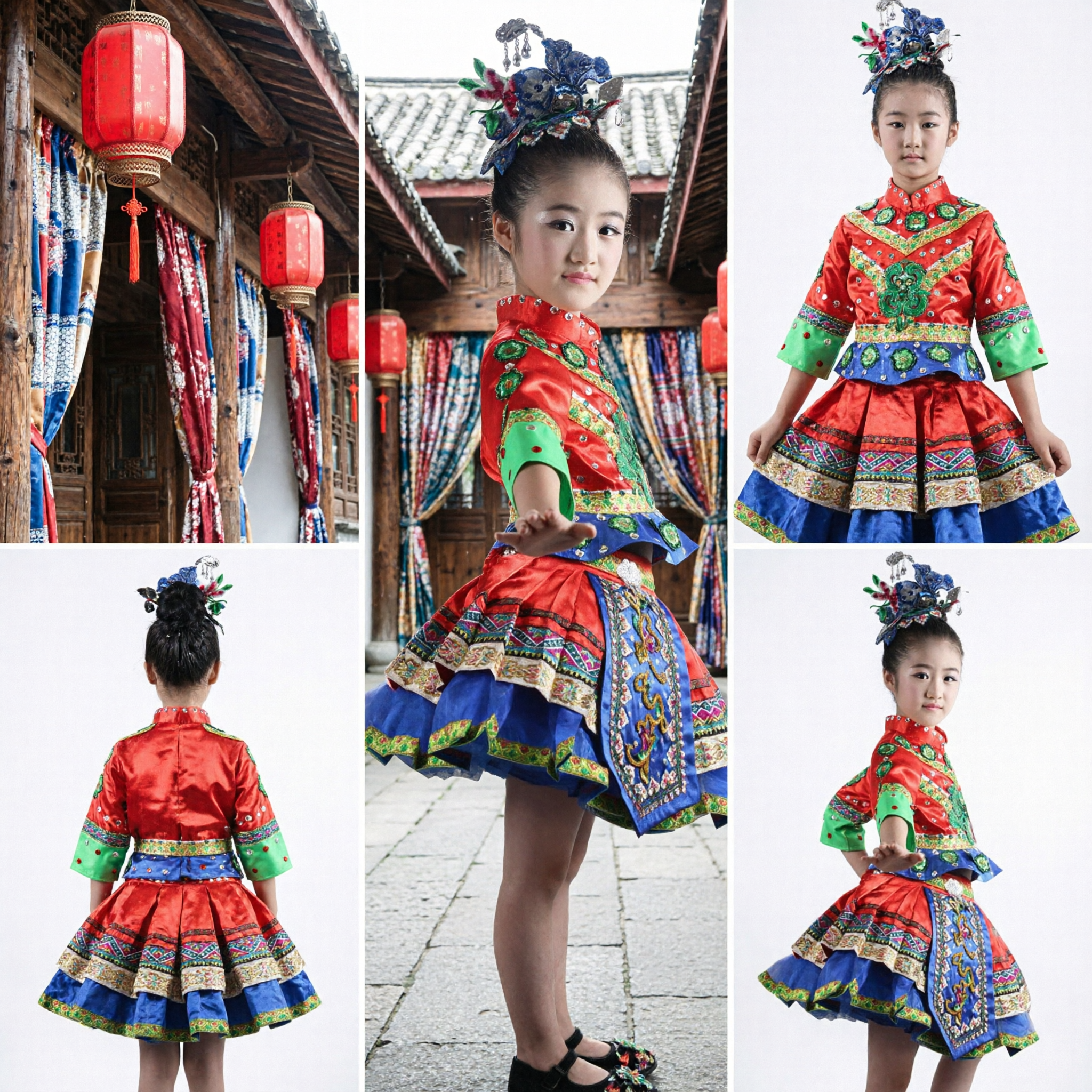 Traditional Chinese Miao Ethnic Folk Dance Costume for Kids Girls Stage Performance Outfit with Headdress
