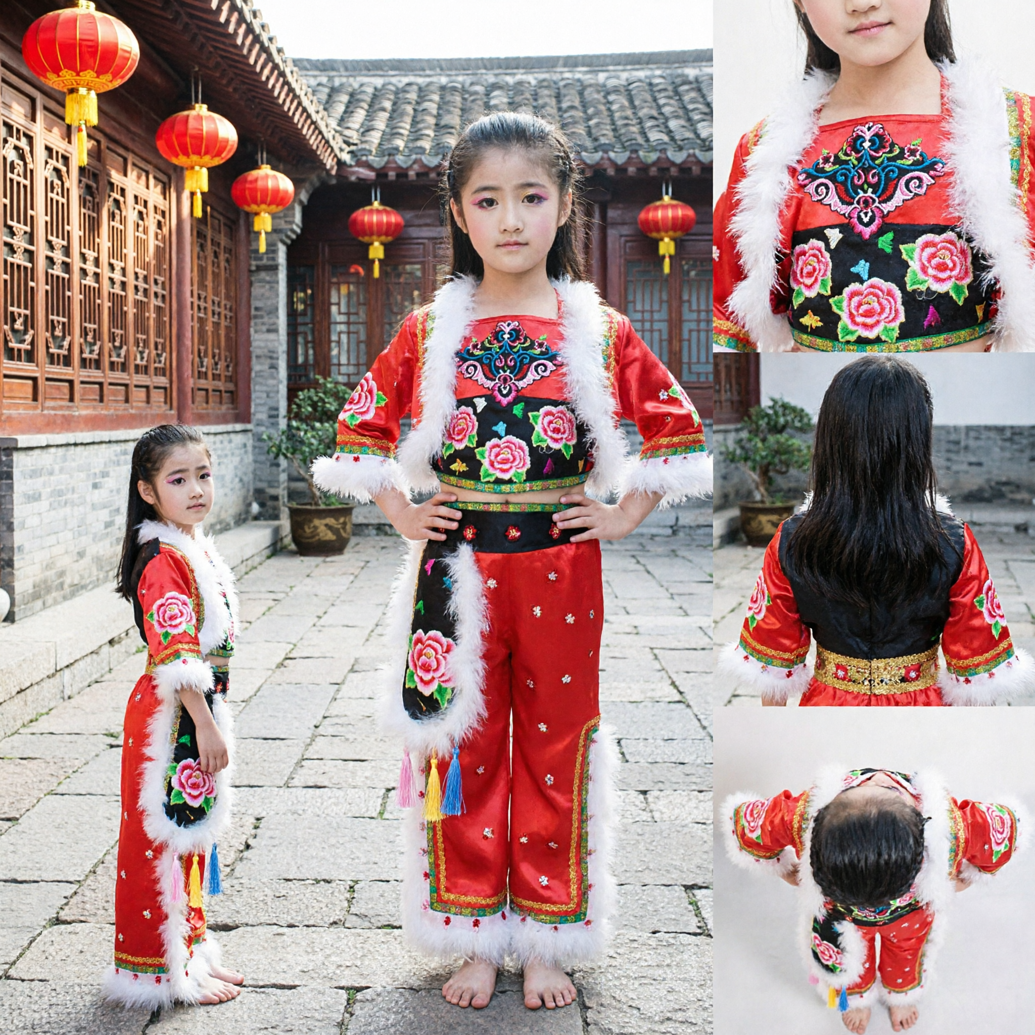 Traditional Chinese Folk Dance Costume for Girls Red Yangge Performance Outfit with White Fur Trim