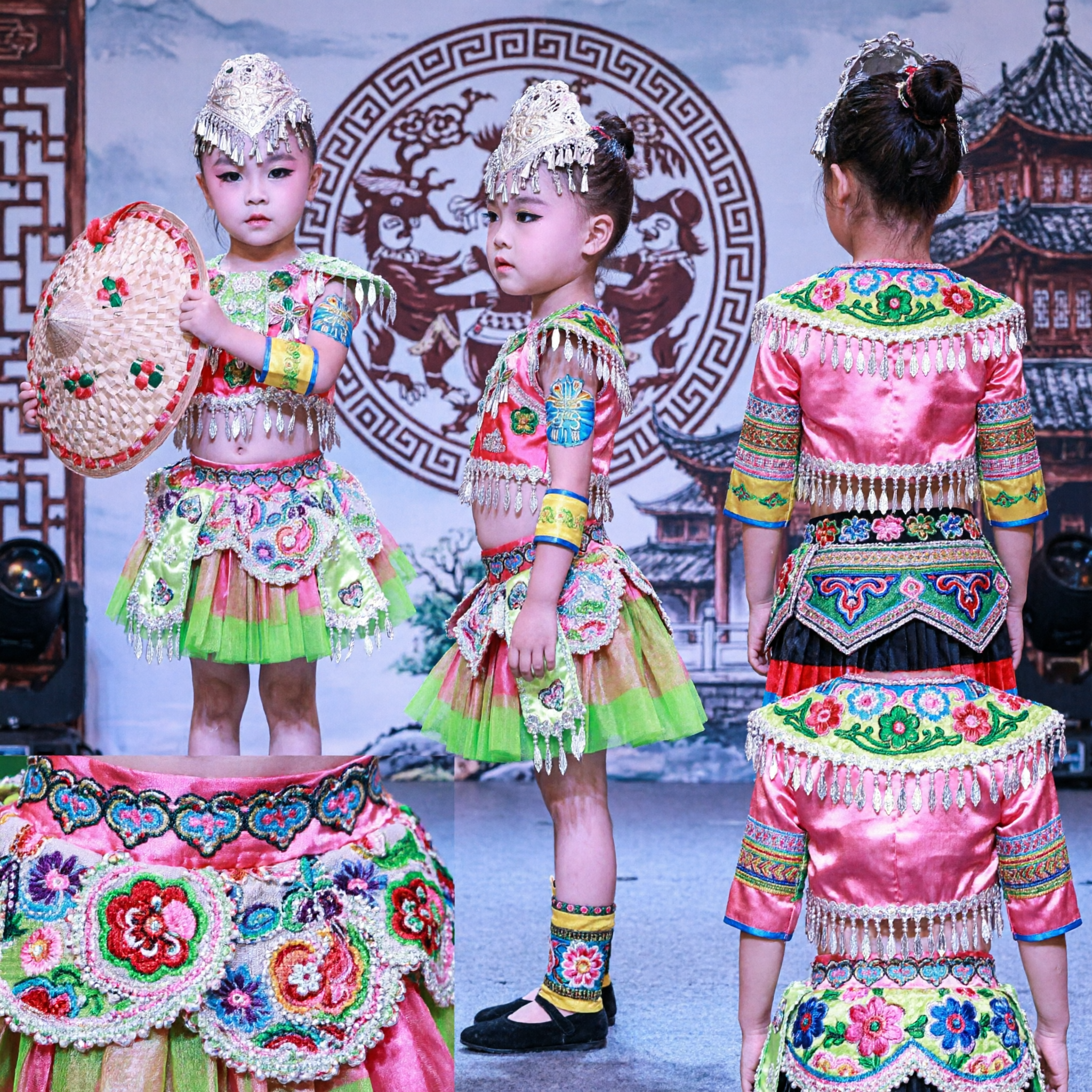 Kids Girls Chinese Ethnic Minority Folk Dance Costume Traditional Stage Performance Outfit with Straw Hat