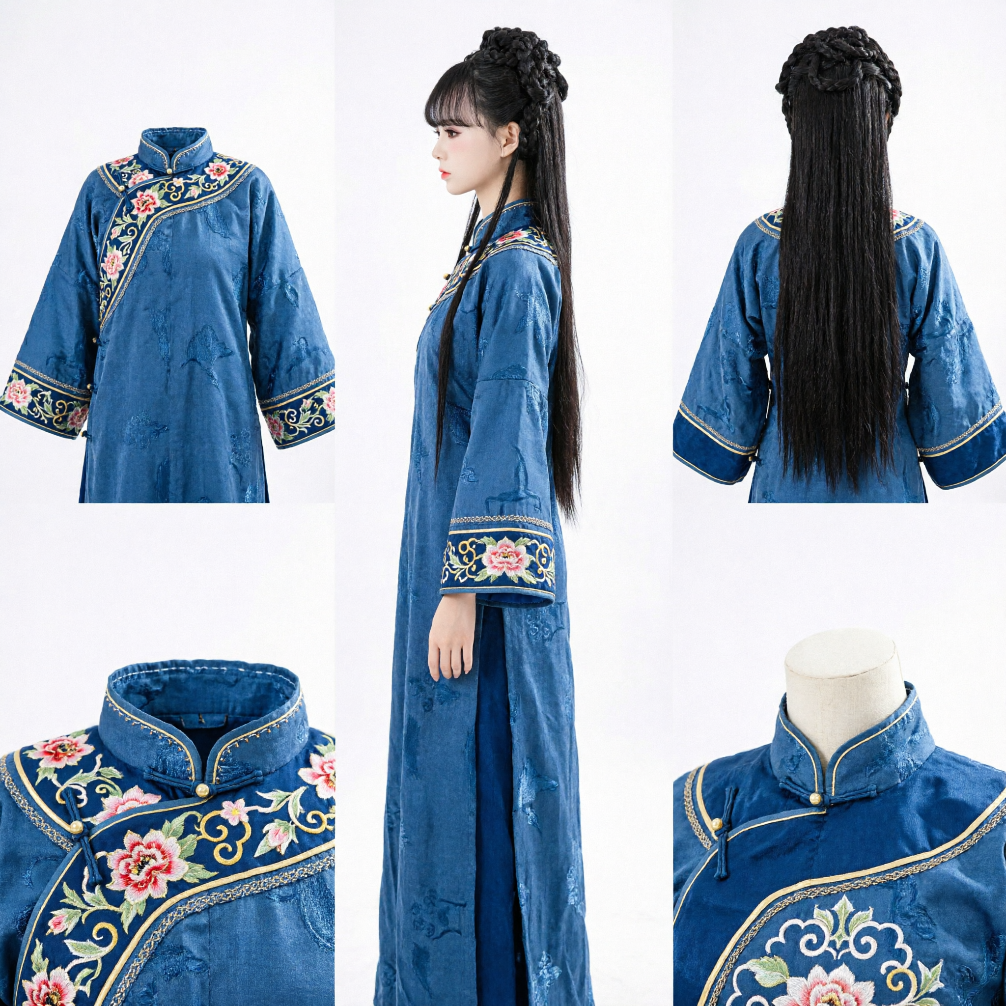 Ancient Chinese Princess Wig Black Braided Crown Long Straight Hairpiece for Hanfu Cosplay Traditional Costume