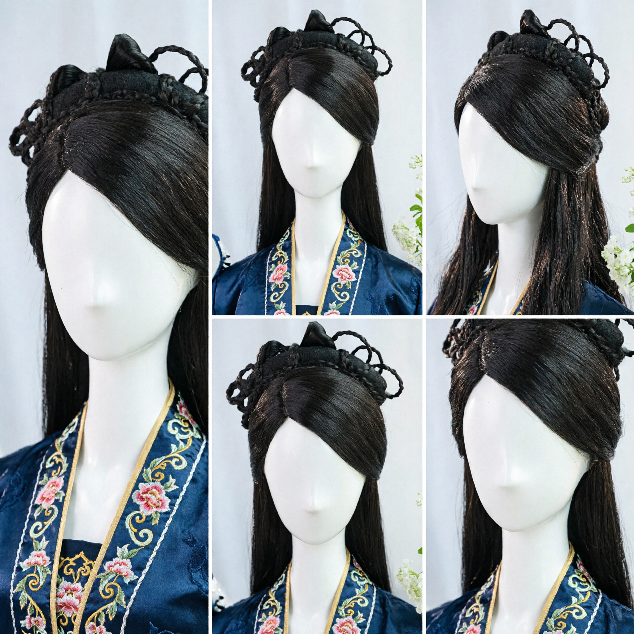 Ancient Chinese Traditional Black Wig with Elaborate Braided Bun Hairpiece for Hanfu Cosplay and Historical Drama