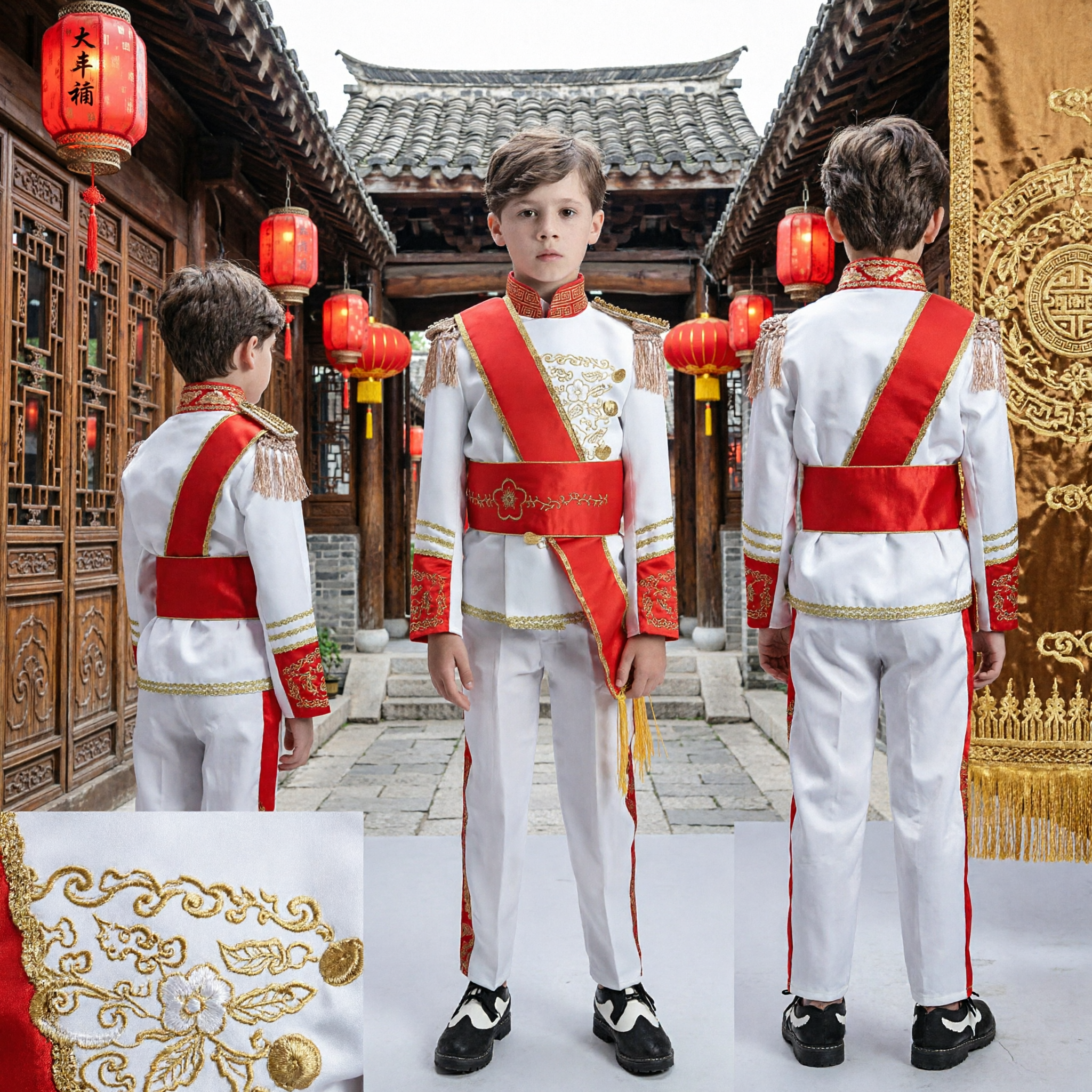 Children's White and Red Military Style Prince Uniform Drum Major Band Leader Performance Costume