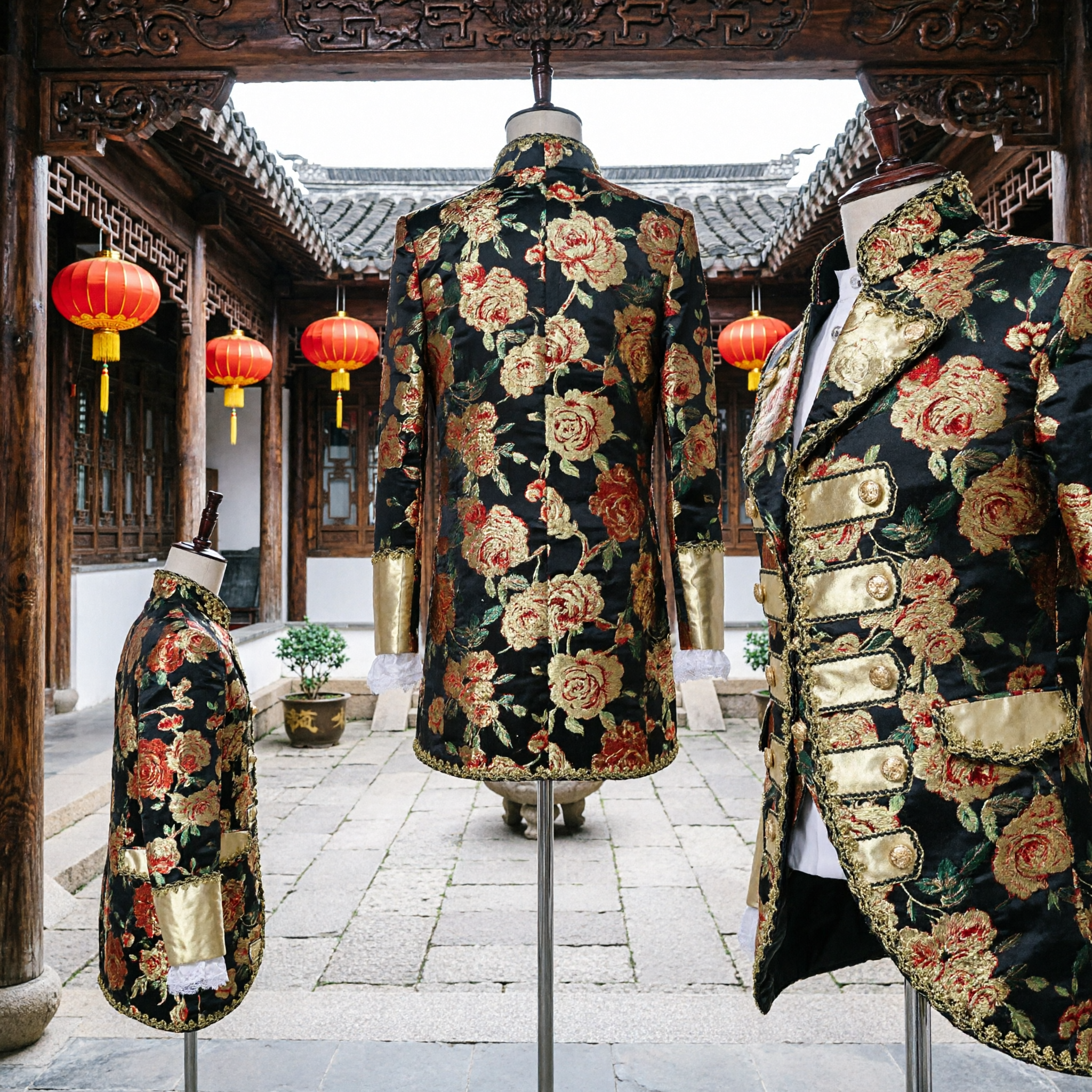 Men's Vintage Baroque Floral Tailcoat Jacket Gold Trim Ruffled Cuffs Victorian Prince Cosplay Costume