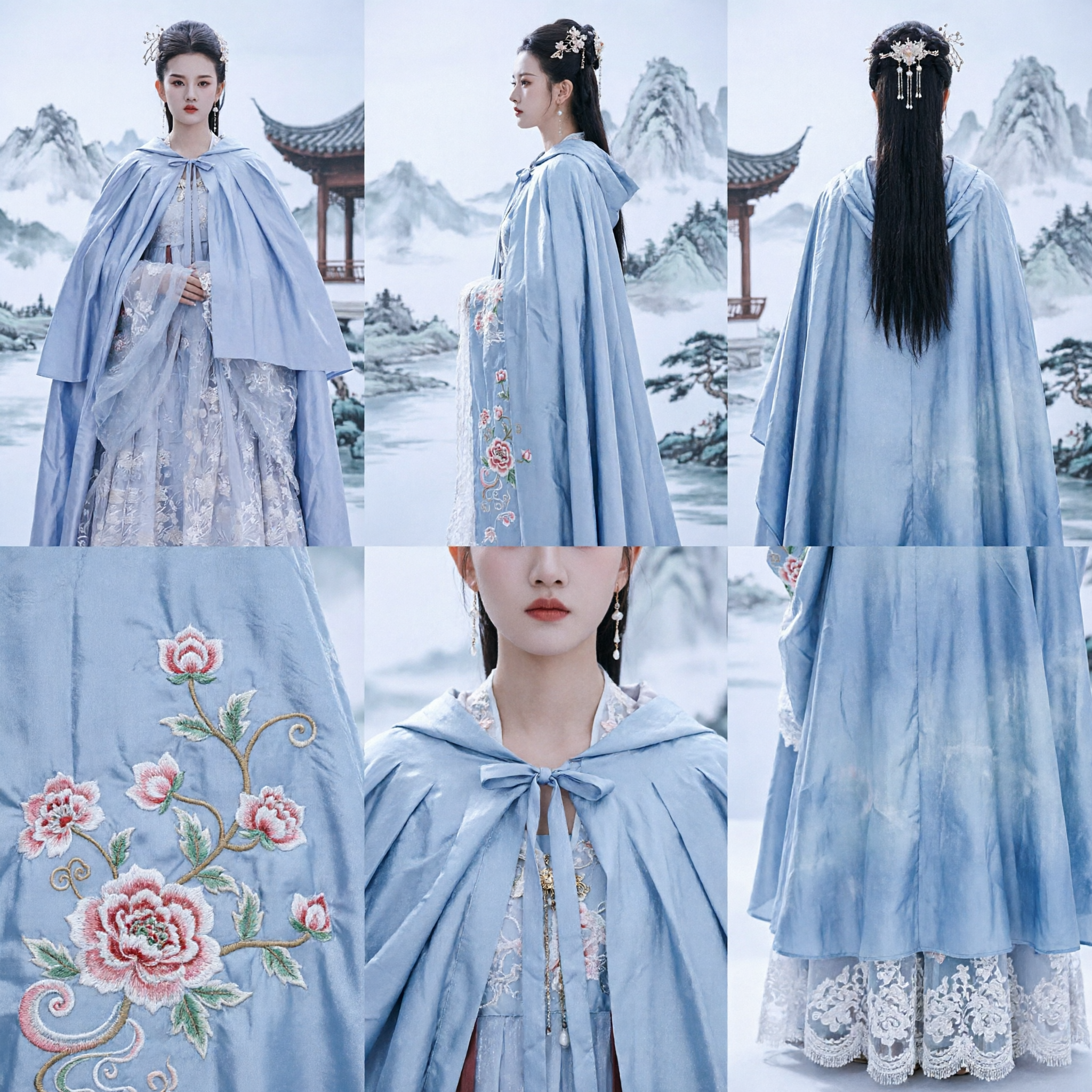 Chinese Ancient Hanfu Winter Cloak Cape Blue Embroidered Dress Traditional Fairy Costume for Women Cosplay
