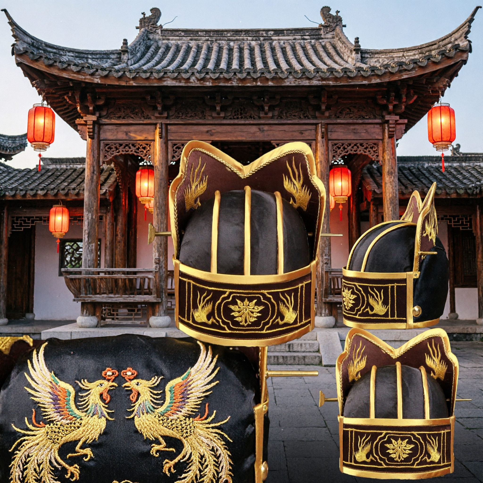 Traditional Chinese Ancient Official Hat Black Velvet Gold Embroidery Crown for Men Historical Cosplay Costume