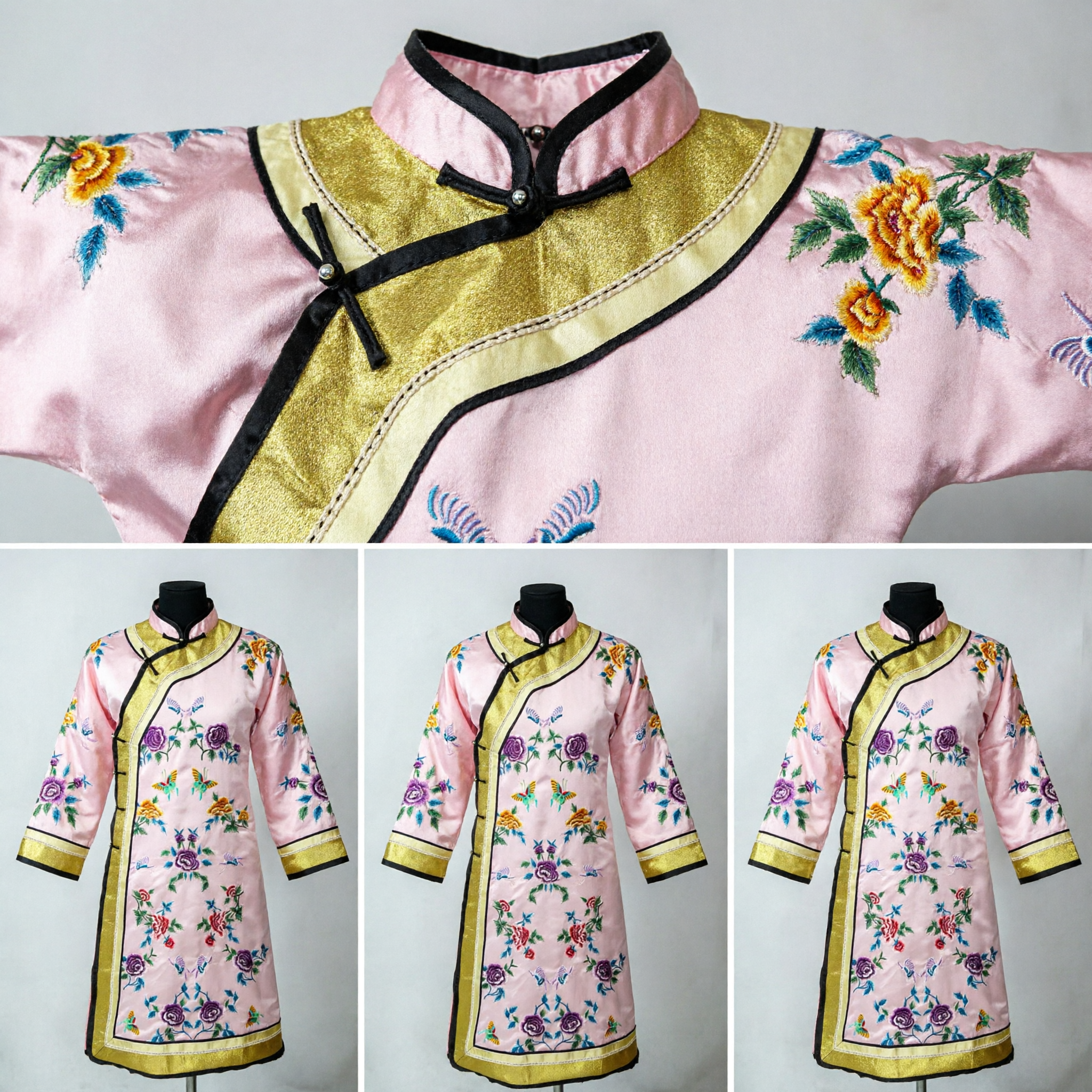 Traditional Chinese Pink Embroidered Silk Robe Qing Dynasty Changshan Costume for Stage Performance and Cosplay