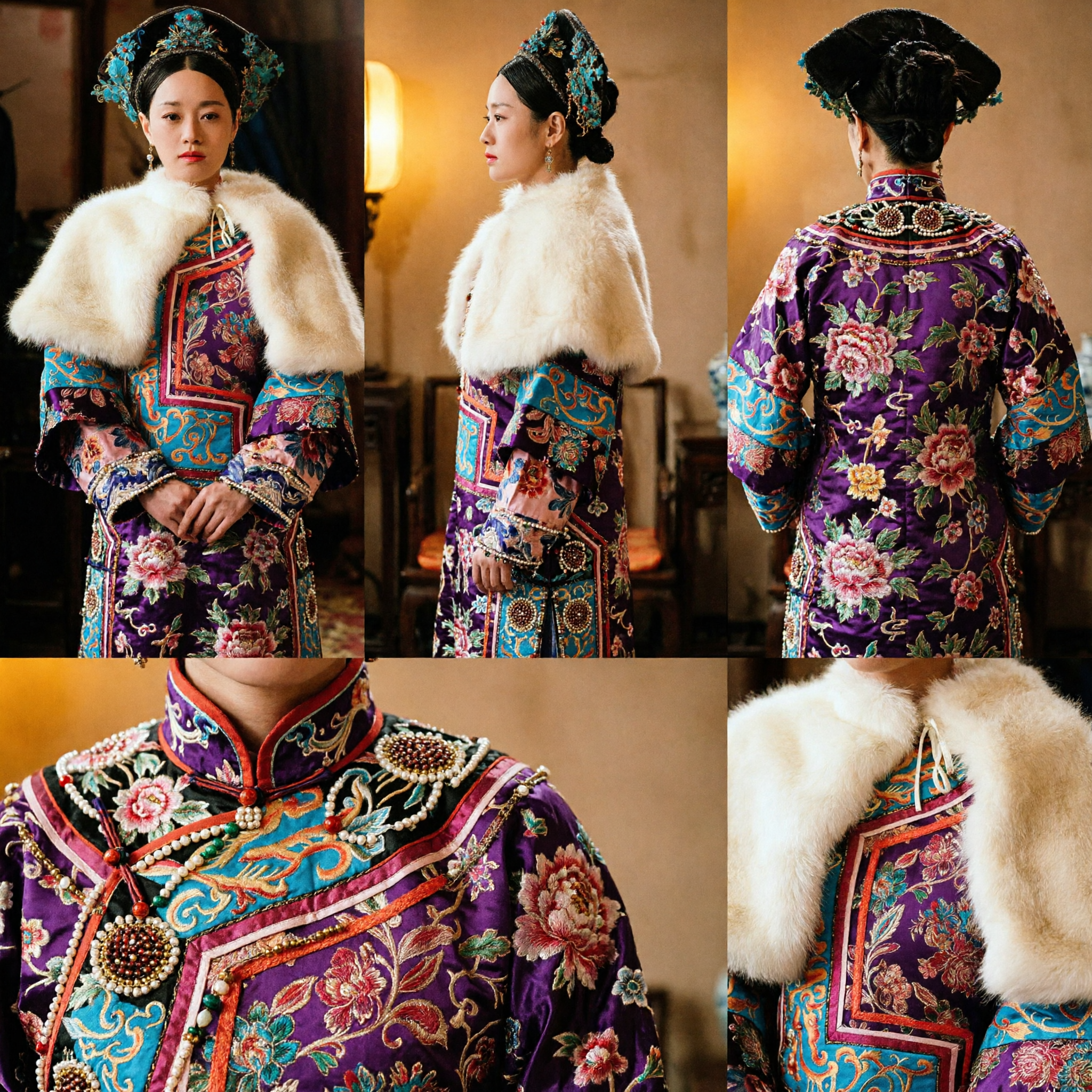 Qing Dynasty Manchu Empress Traditional Costume with White Fur Stole and Ornate Headdress for Women Historical Cosplay