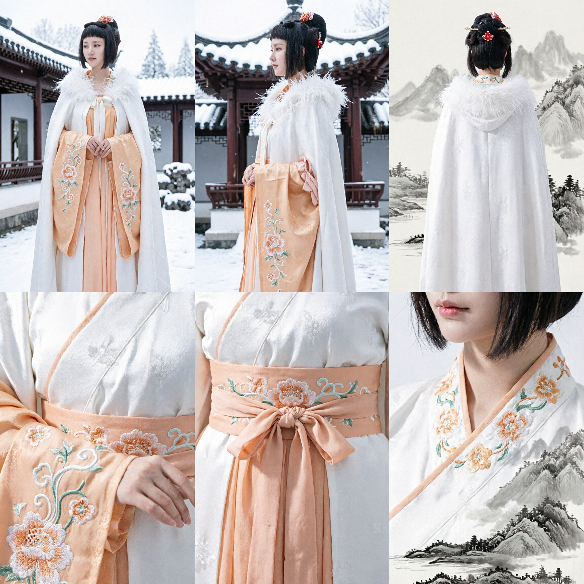 Ancient Chinese Hanfu Traditional Costume for Women Peach Dress with White Fur Cloak Winter Noble Lady Outfit