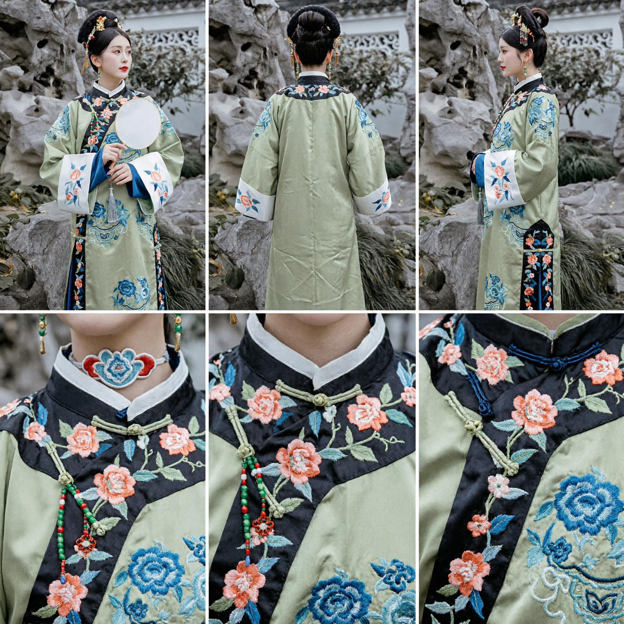 Ancient Chinese Qing Dynasty Green Embroidered Robe Traditional Hanfu Costume for Women Performance Photography