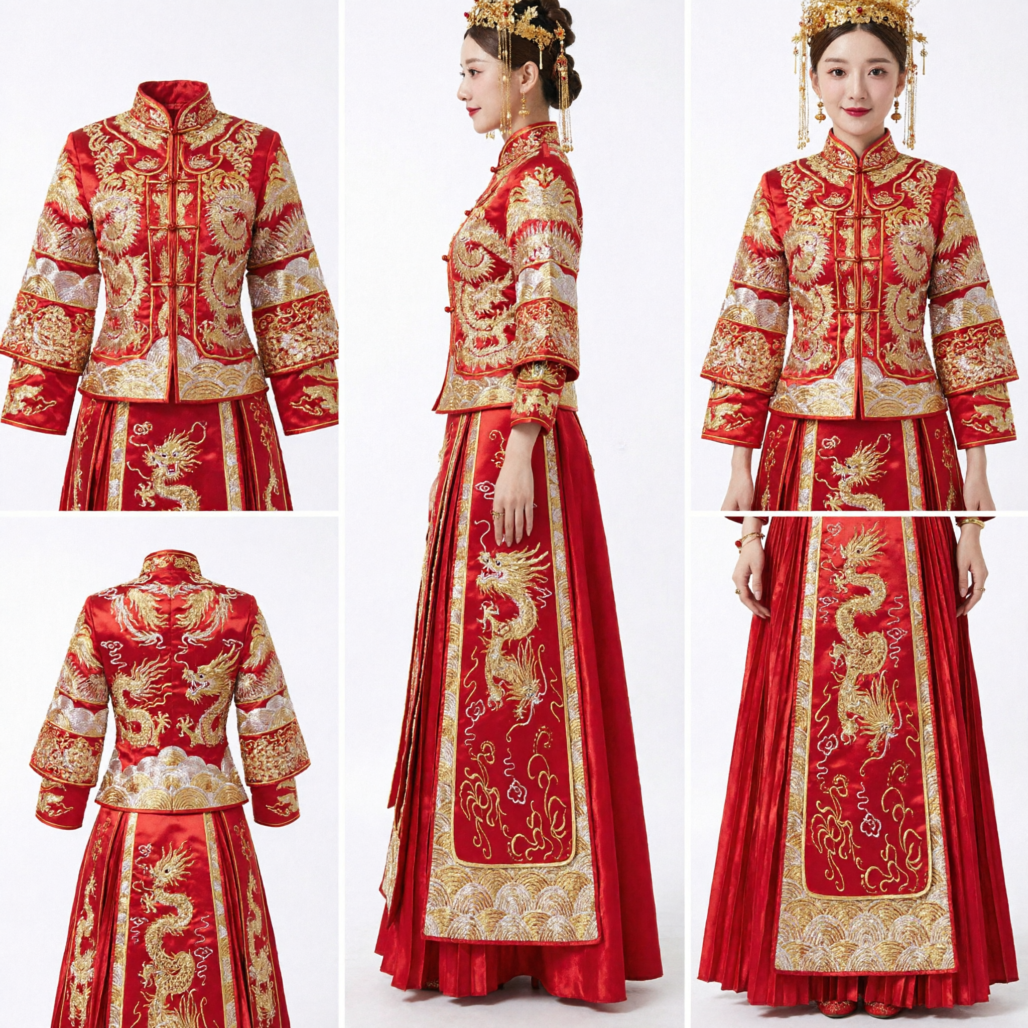 Traditional Chinese Wedding Dress Red Gold Embroidery Dragon Phoenix Qun Kwa Ancient Bridal Gown for Women