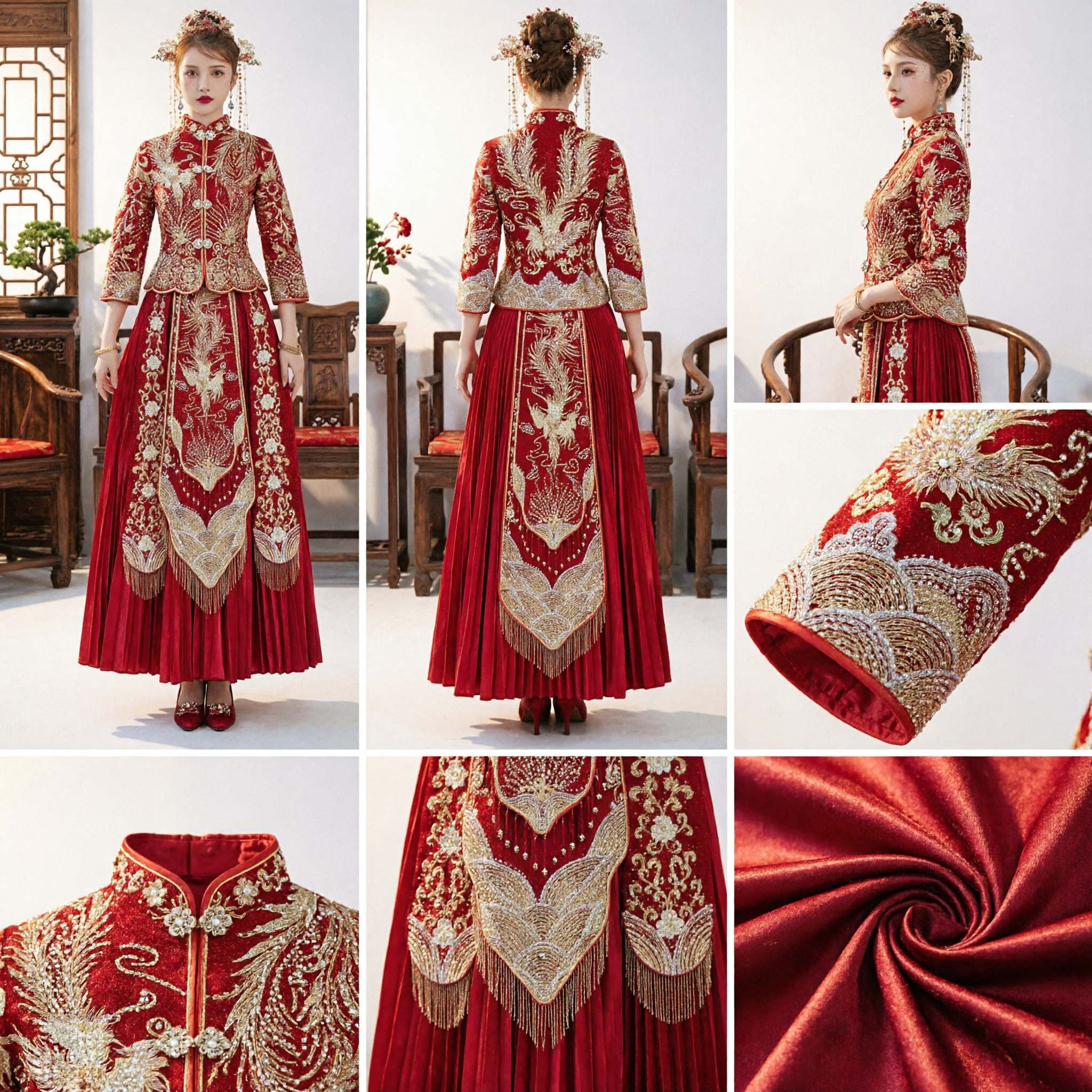 Traditional Chinese Wedding Dress Red Xiuhefu Bride Costume with Gold Dragon Phoenix Embroidery for Tea Ceremony