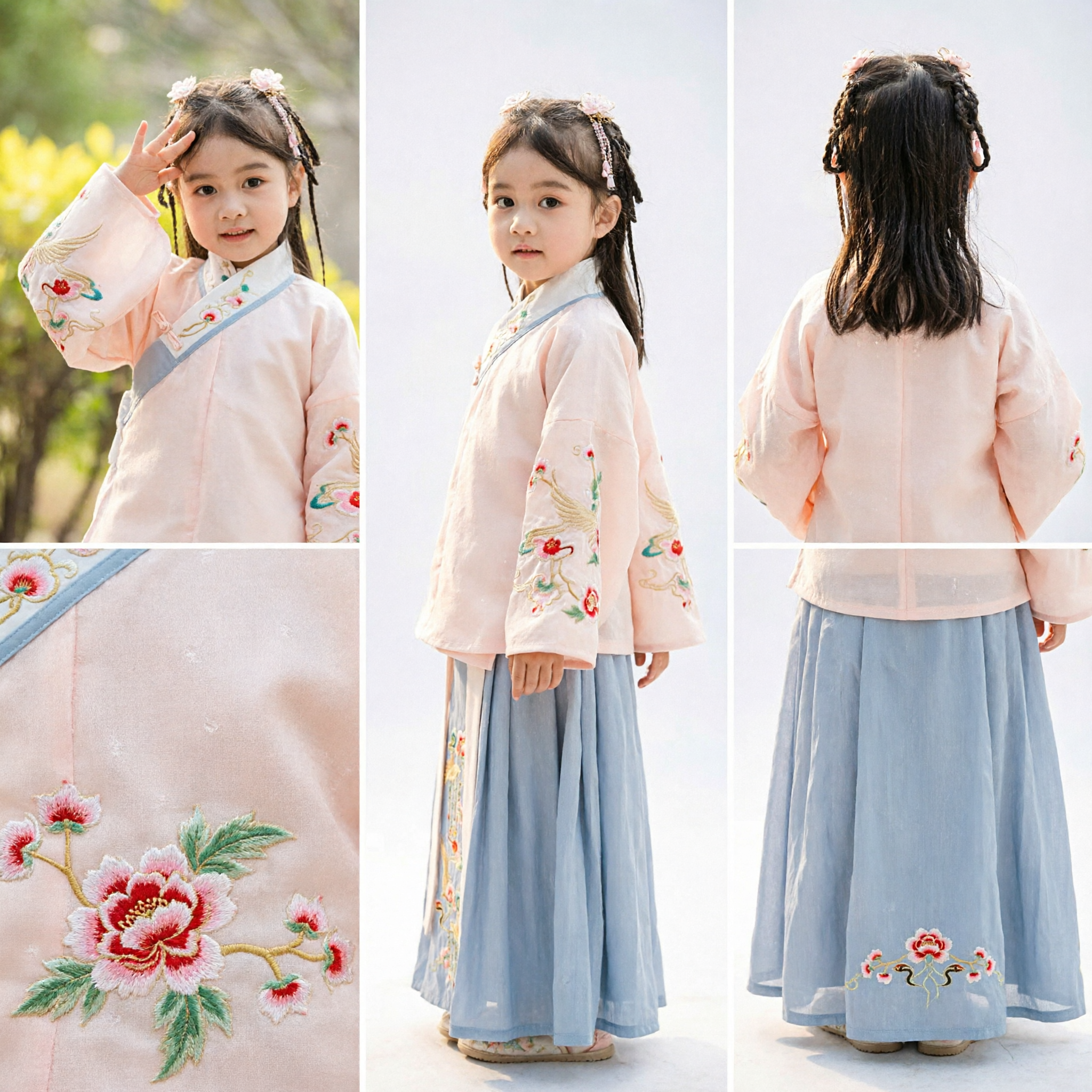 Traditional Chinese Hanfu for Kids Girls Ming Dynasty Embroidered Crane Pink Top Blue Skirt Costume