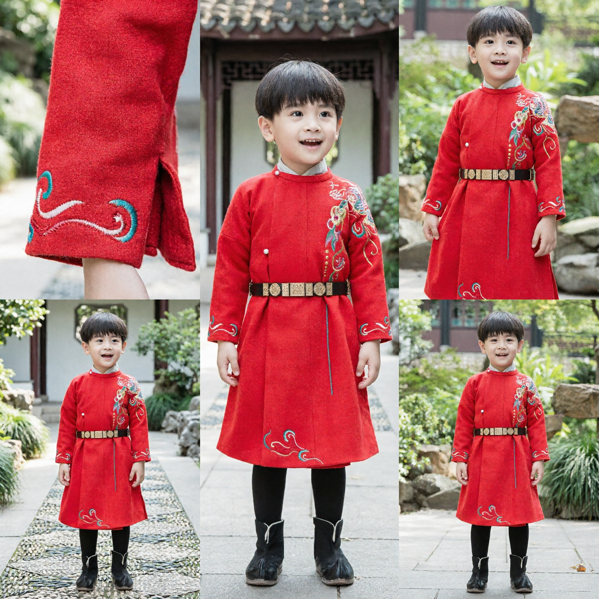 Boys Traditional Chinese Red Tang Suit Embroidered Dragon Robe for Wedding and New Year Performance