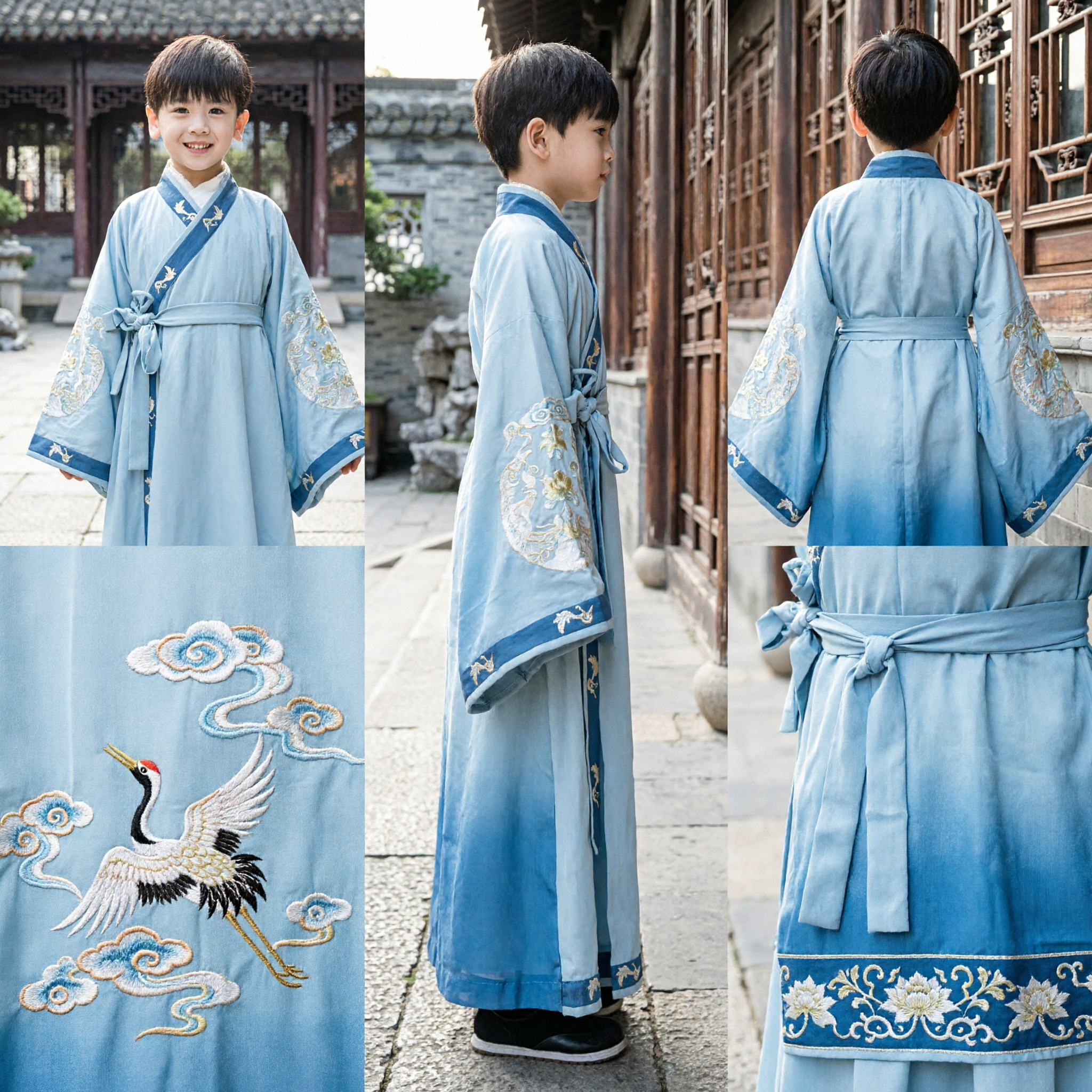 Boys Traditional Chinese Hanfu Costume Light Blue Embroidered Robe Ancient Scholar Kids Clothing