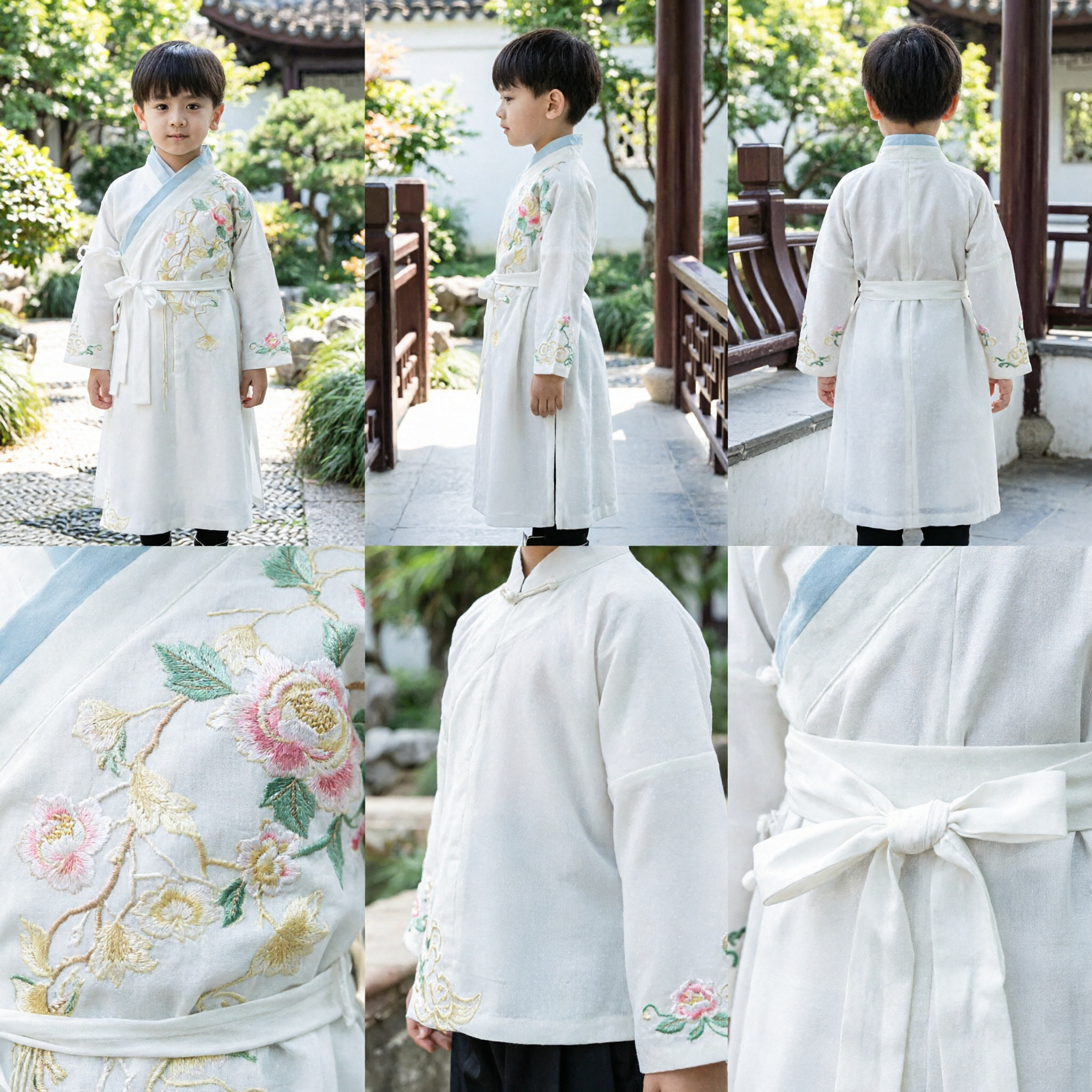 Traditional Chinese Hanfu for Boys Kids Ancient Scholar Costume Embroidered White Robe for Festival Performance