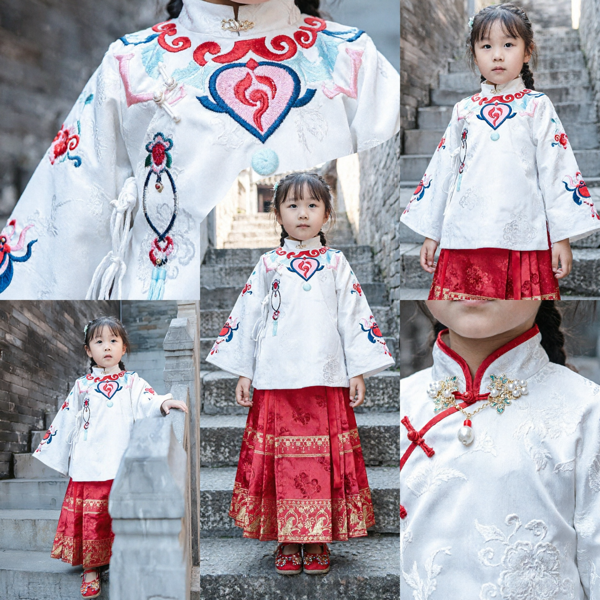 Kids Chinese Traditional Costume Girls White Embroidered Tang Suit Top Red Skirt Hanfu Set for Festival Performance