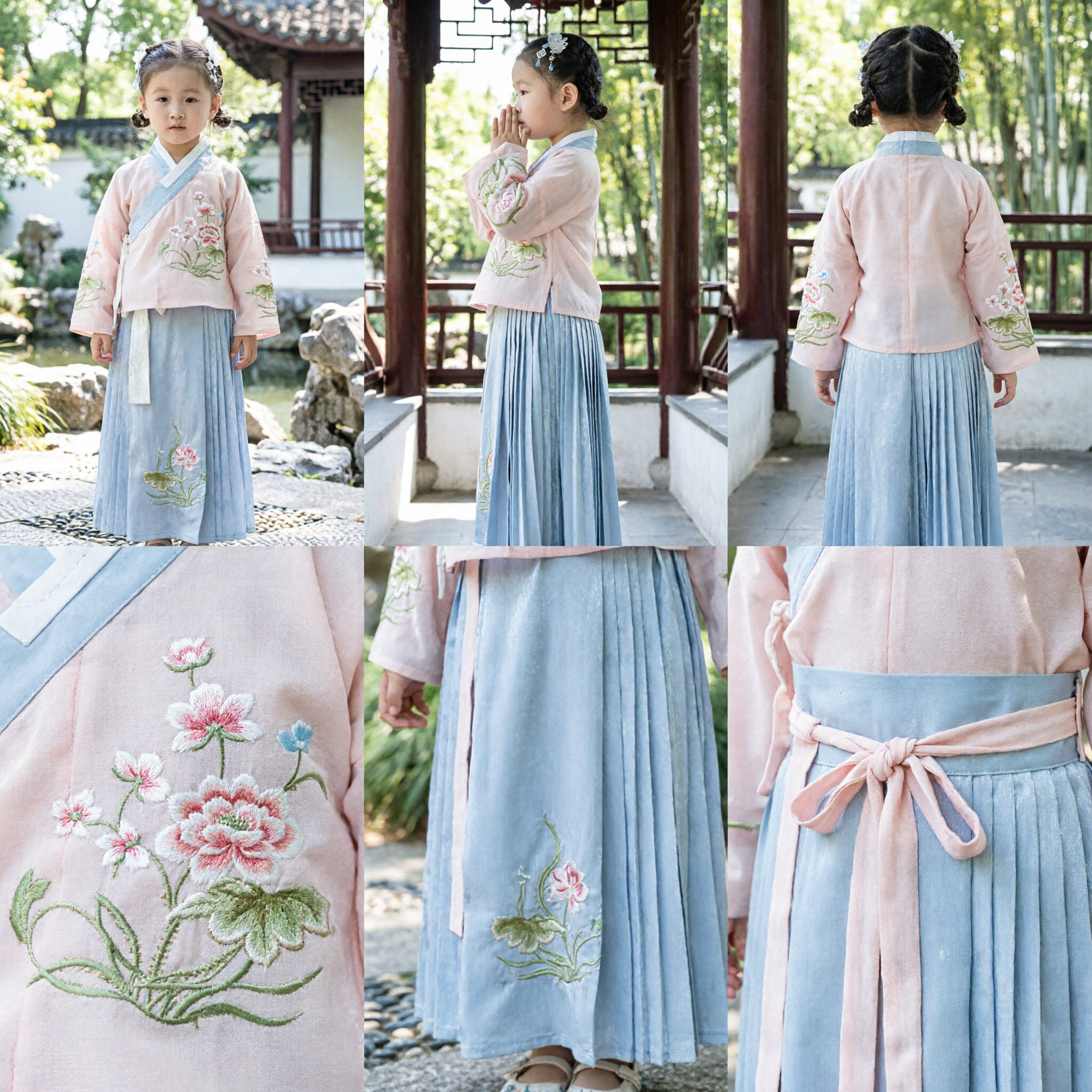 Chinese Traditional Hanfu Costume for Girls Kids Ancient Embroidery Floral Top and Pleated Skirt Set for Festivals