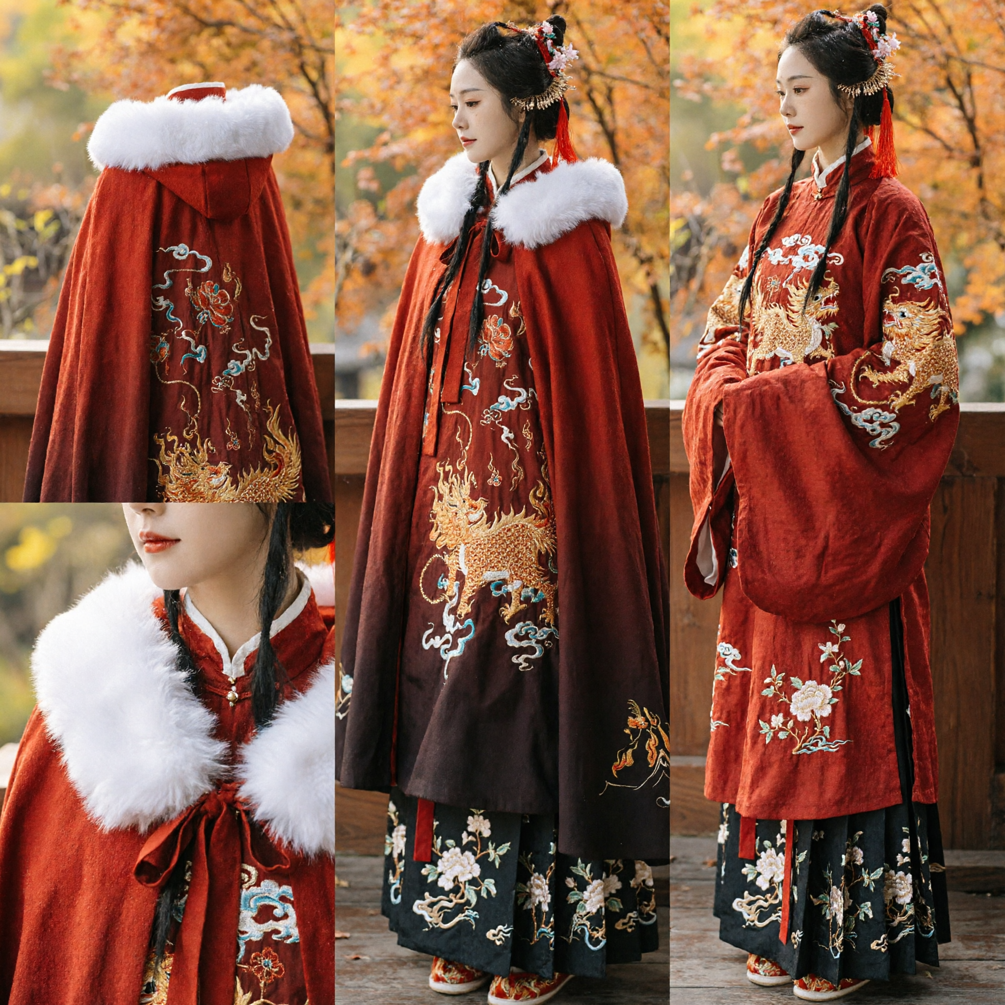 Traditional Chinese Hanfu Winter Cloak Red Embroidered Dragon Cape with White Fur Collar for Women Cosplay
