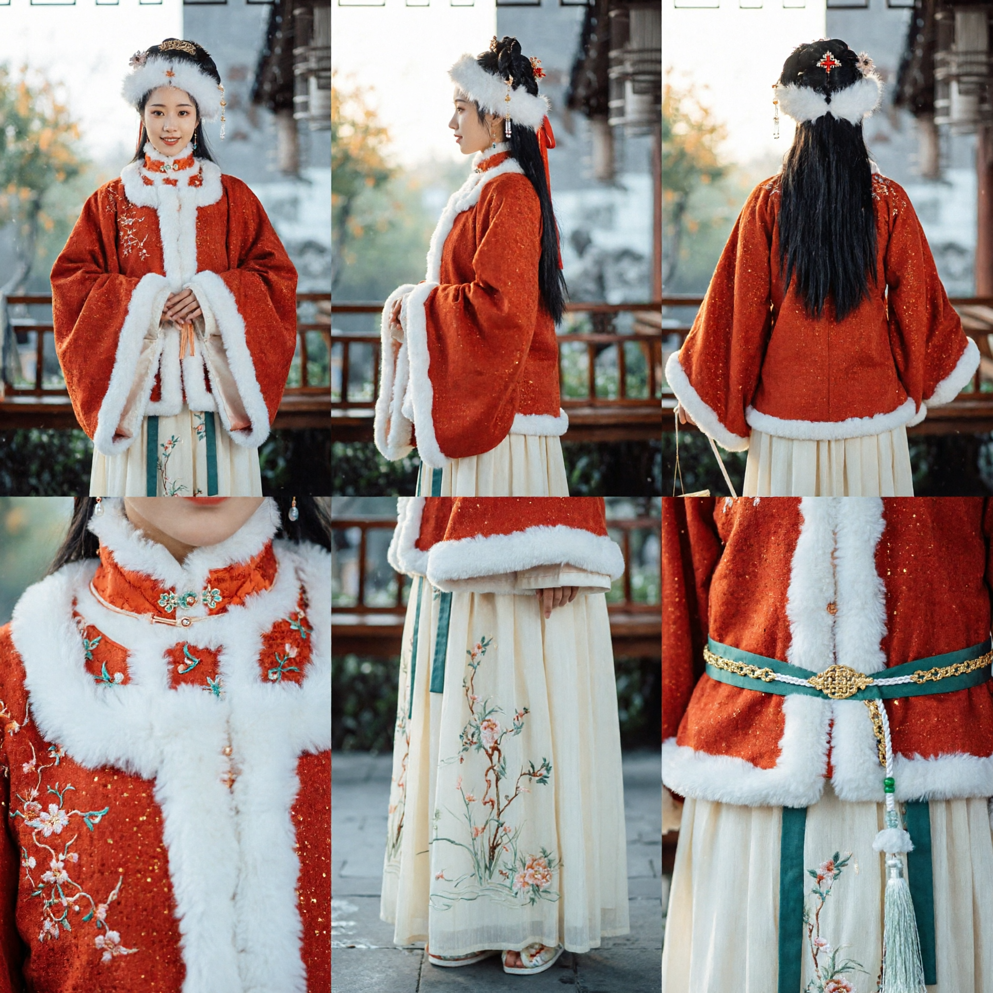 Traditional Chinese Hanfu Winter Red Cloak with White Fur Trim and Embroidered Skirt Set for Women Cosplay