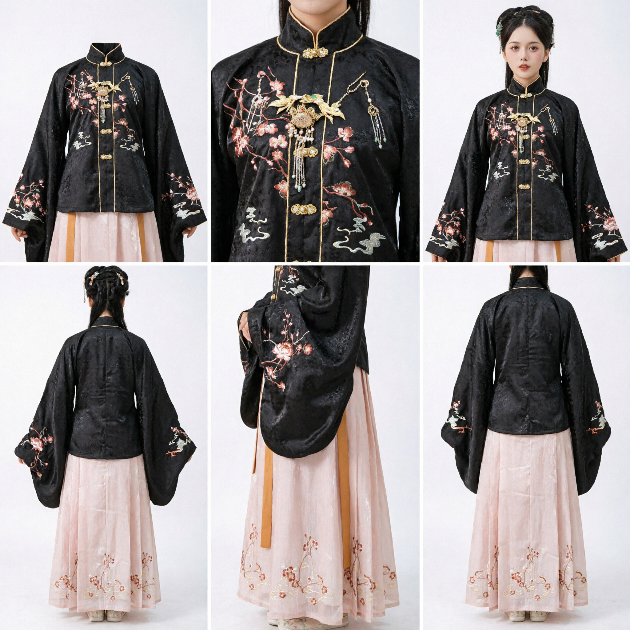 Women's Traditional Chinese Hanfu Ming Dynasty Style Black Floral Embroidered Jacket and Pink Skirt Set