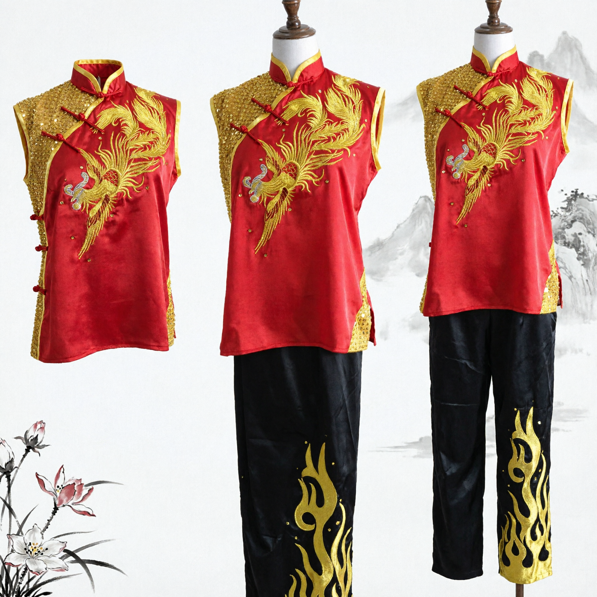 Red Gold Phoenix Embroidery Chinese Martial Arts Uniform Wushu Kung Fu Performance Costume for Women