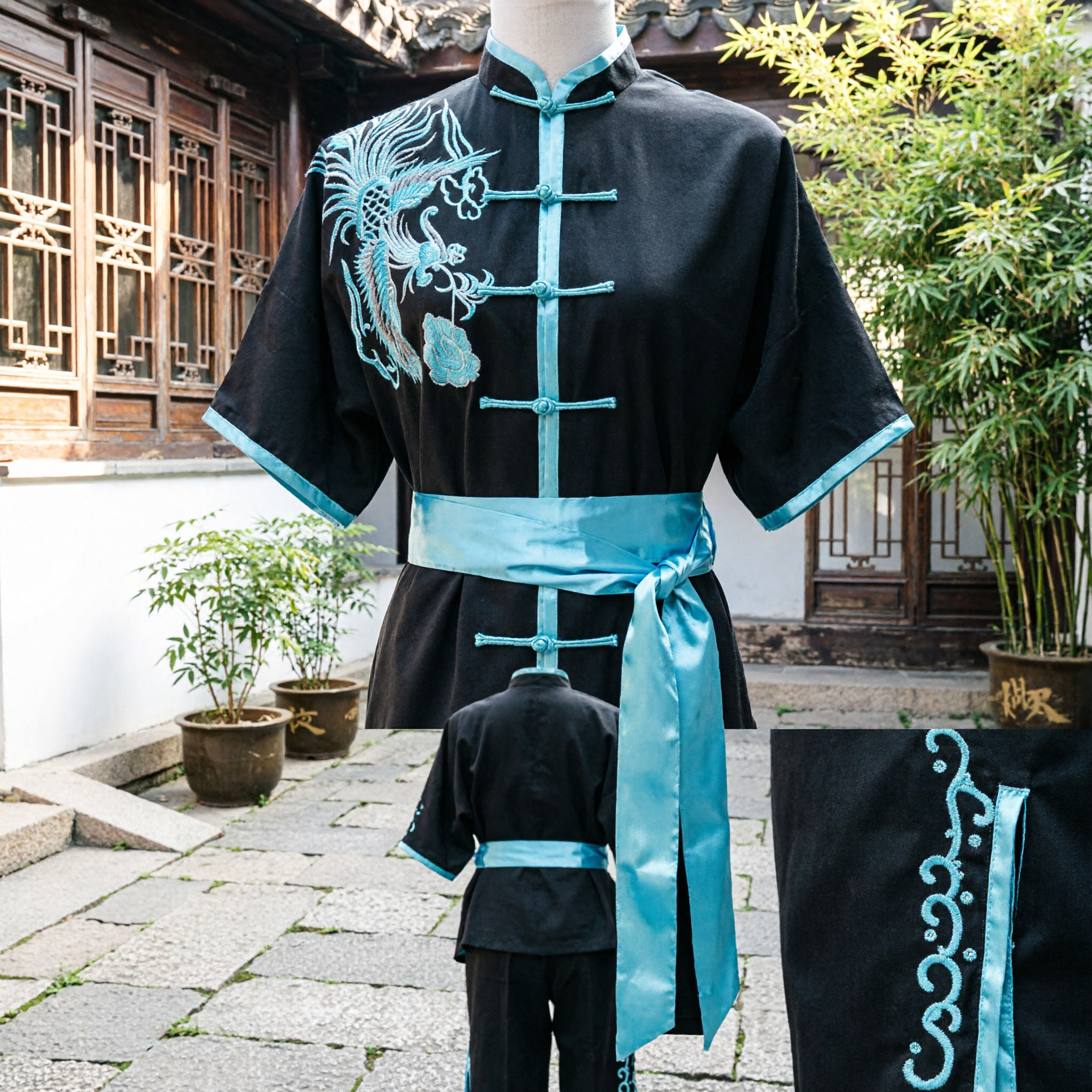 Traditional Black Silk Tai Chi Uniform Set with Blue Dragon Embroidery for Kung Fu Practice