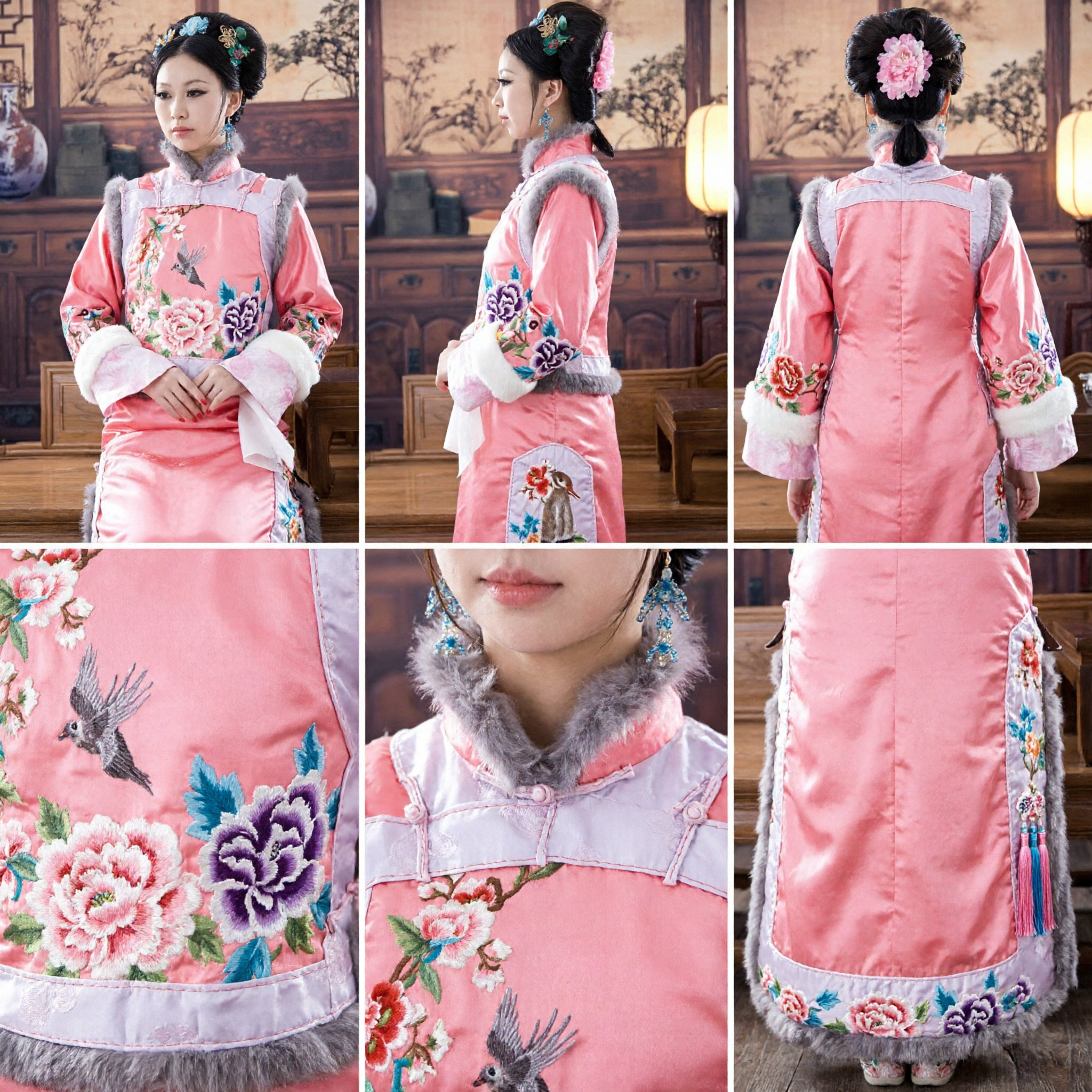 Women's Pink Qing Dynasty Manchu Palace Costume Traditional Chinese Embroidered Dress with Fur Trim for Cosplay