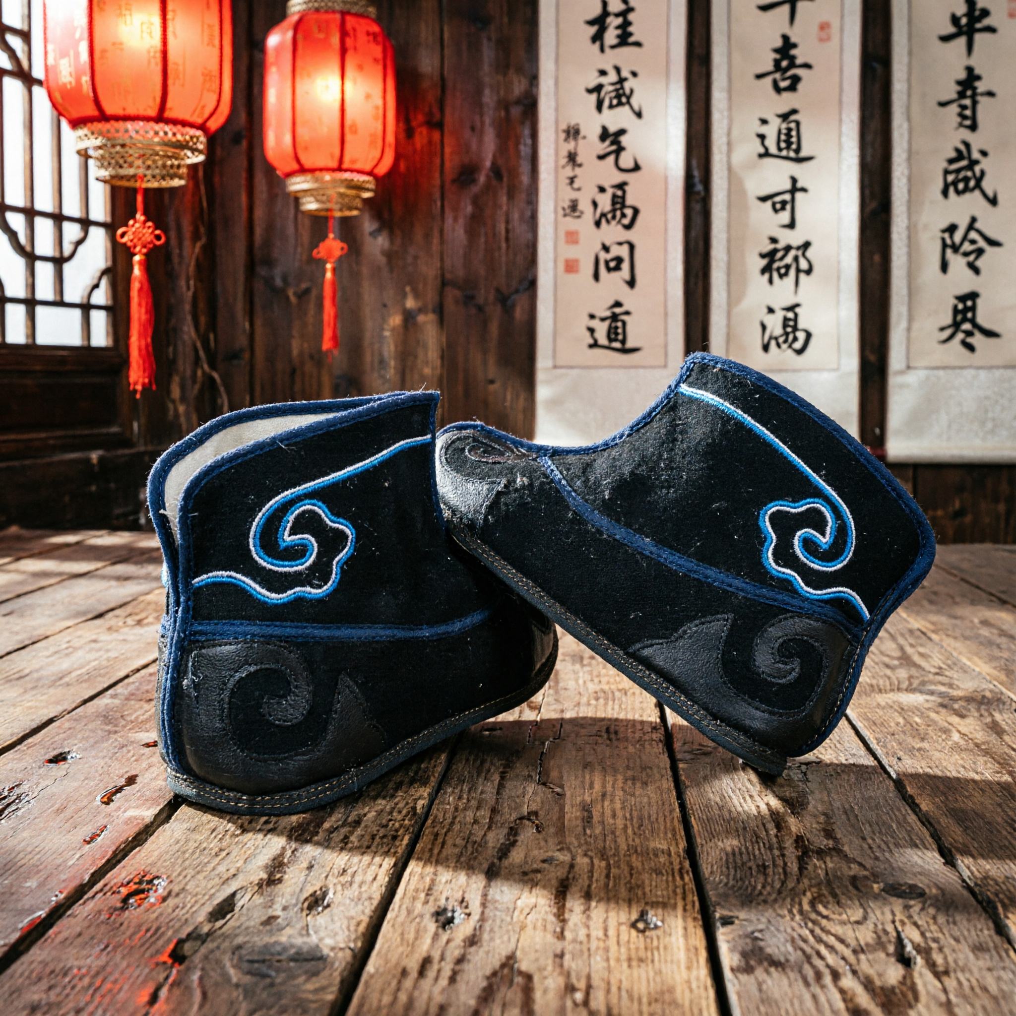 Traditional Chinese Black Cloth Boots with Blue Cloud Embroidery for Men Hanfu Kung Fu Shoes