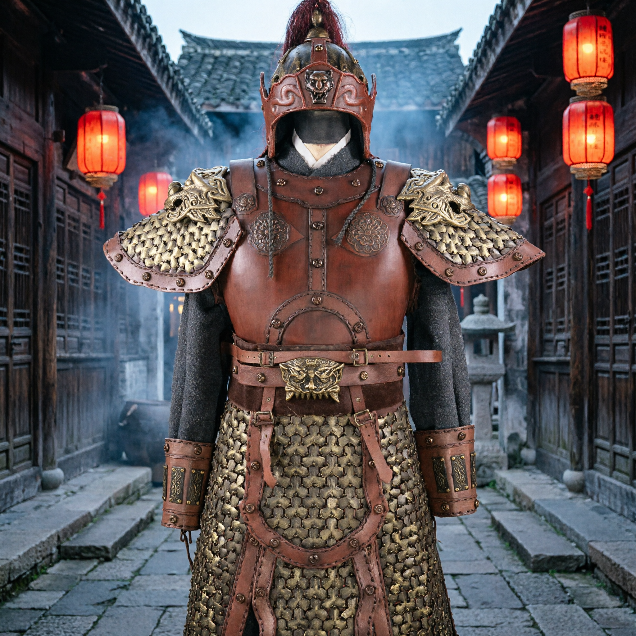 Traditional Chinese Ming Dynasty General Armor Costume Full Set Leather Scale Helmet for Men Cosplay