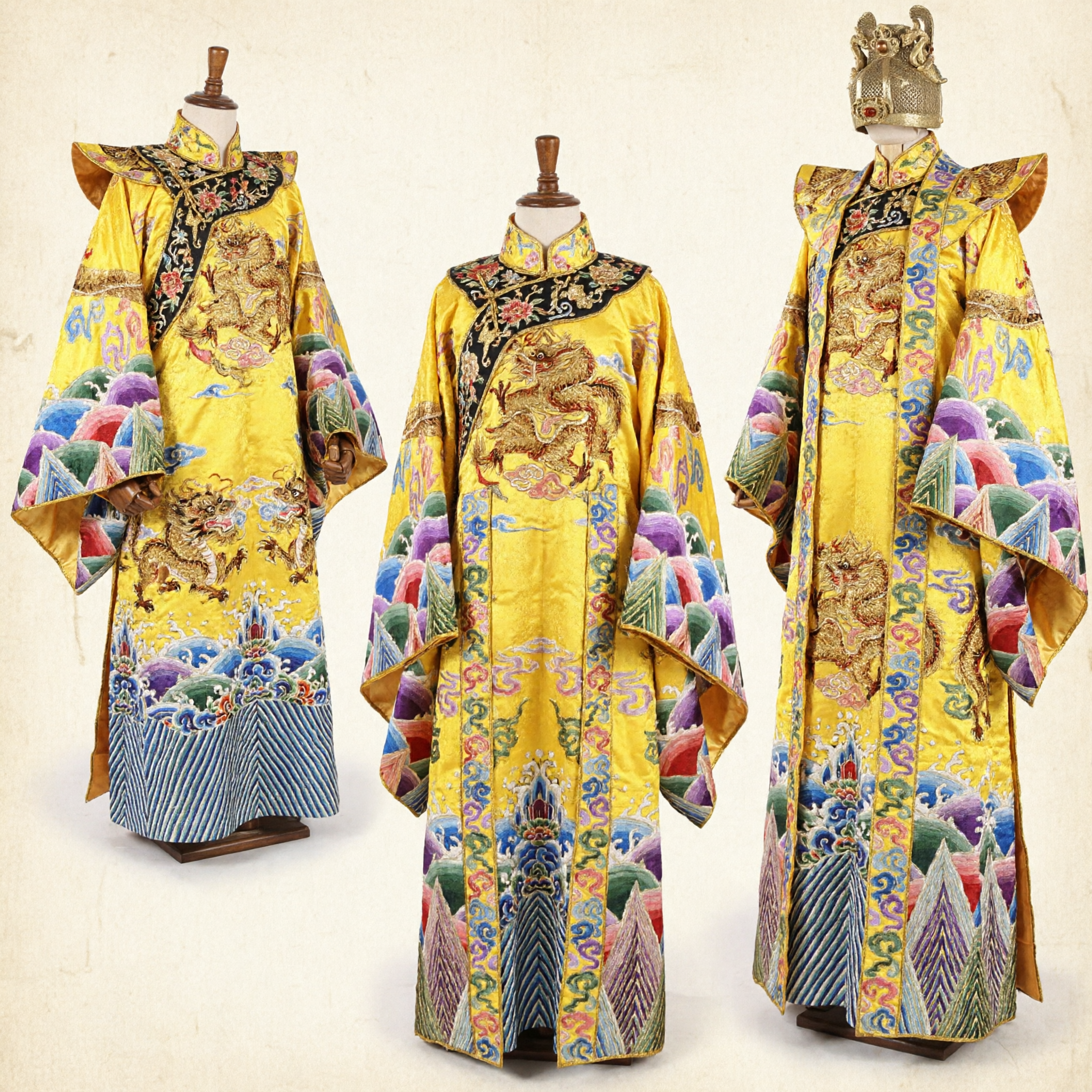 Ancient Chinese Taoist High Priest Yellow Dragon Robe Traditional Ritual Costume with Crown for Men