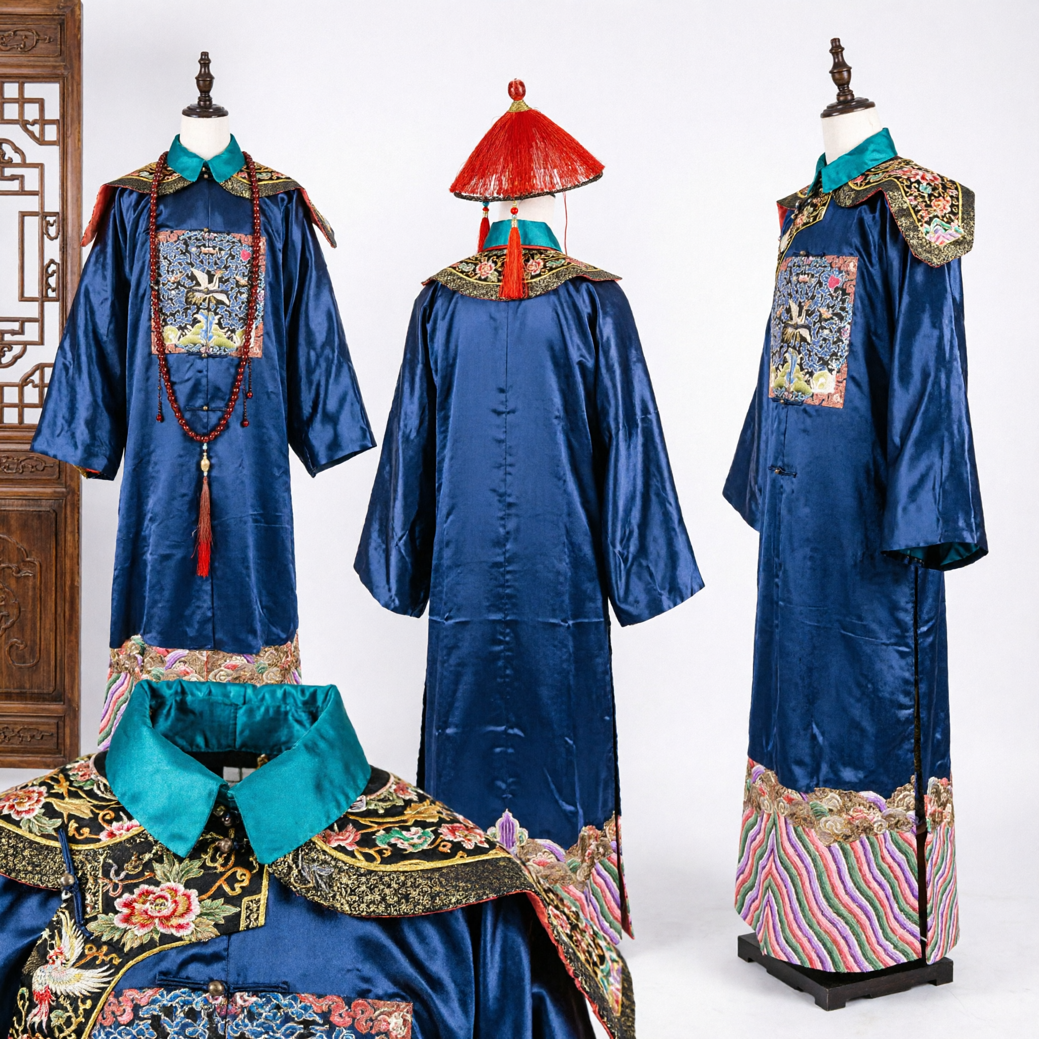 Qing Dynasty Official Costume Ancient Chinese Manchu Robe Blue Silk Stage Performance Clothing for Men