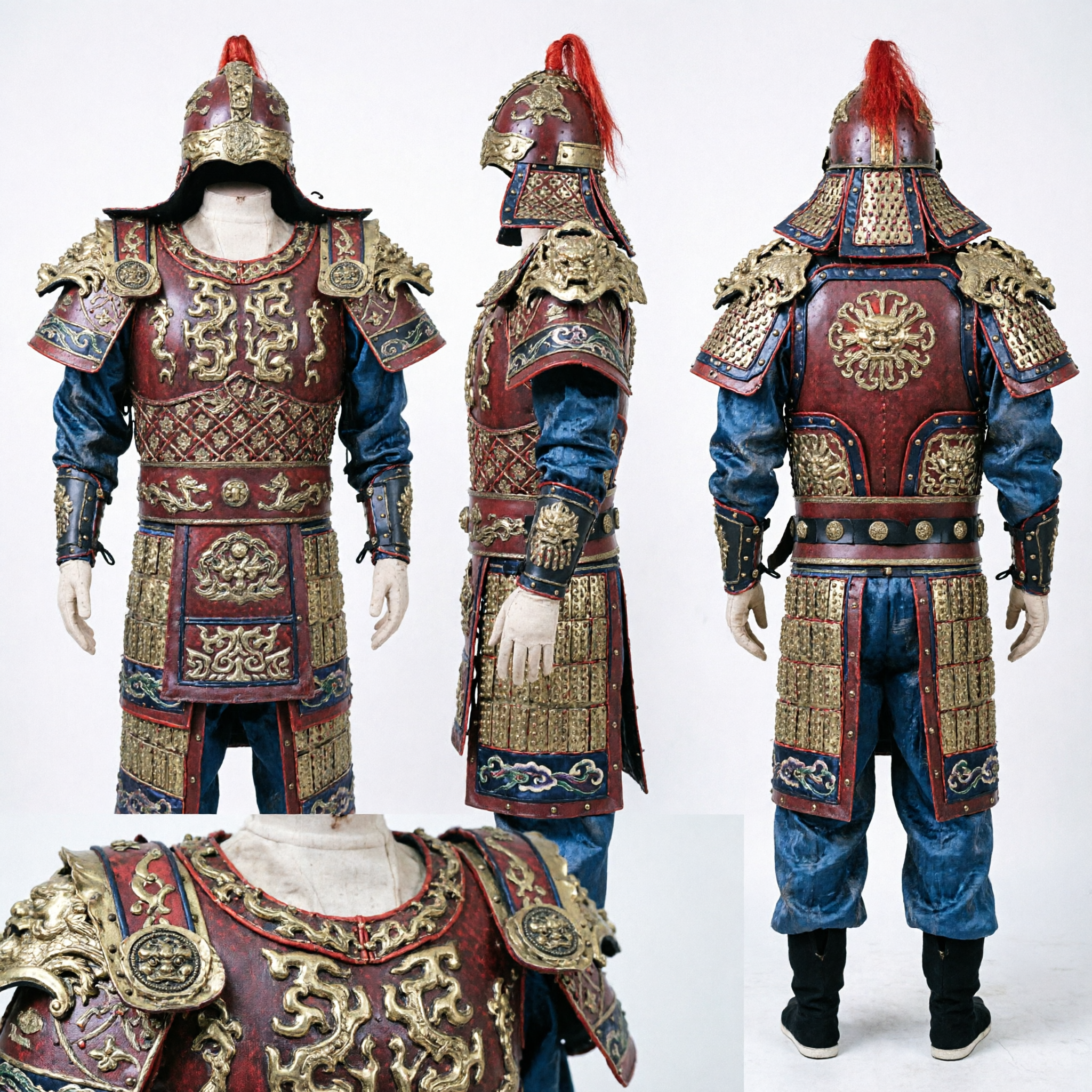 Traditional Chinese General Armor Full Body Suit Red Leather Gold Dragon Cosplay Costume for Men