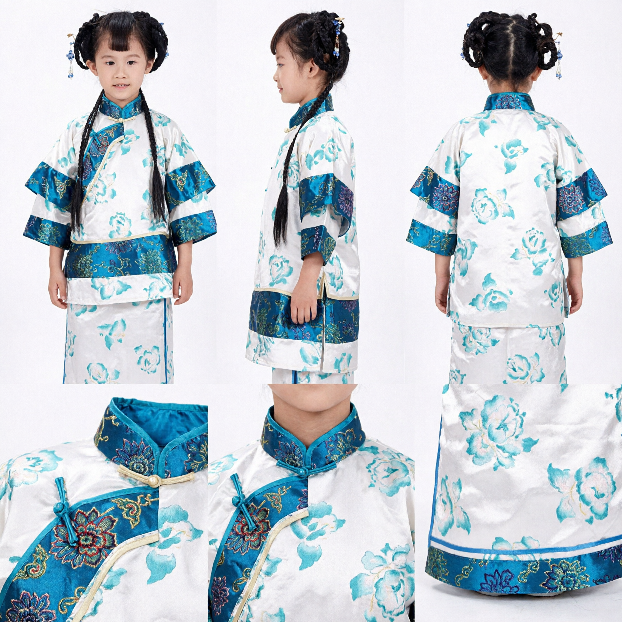 Traditional Chinese Kids Cheongsam Set Blue Floral Qipao Costume for Girls Festival Performance
