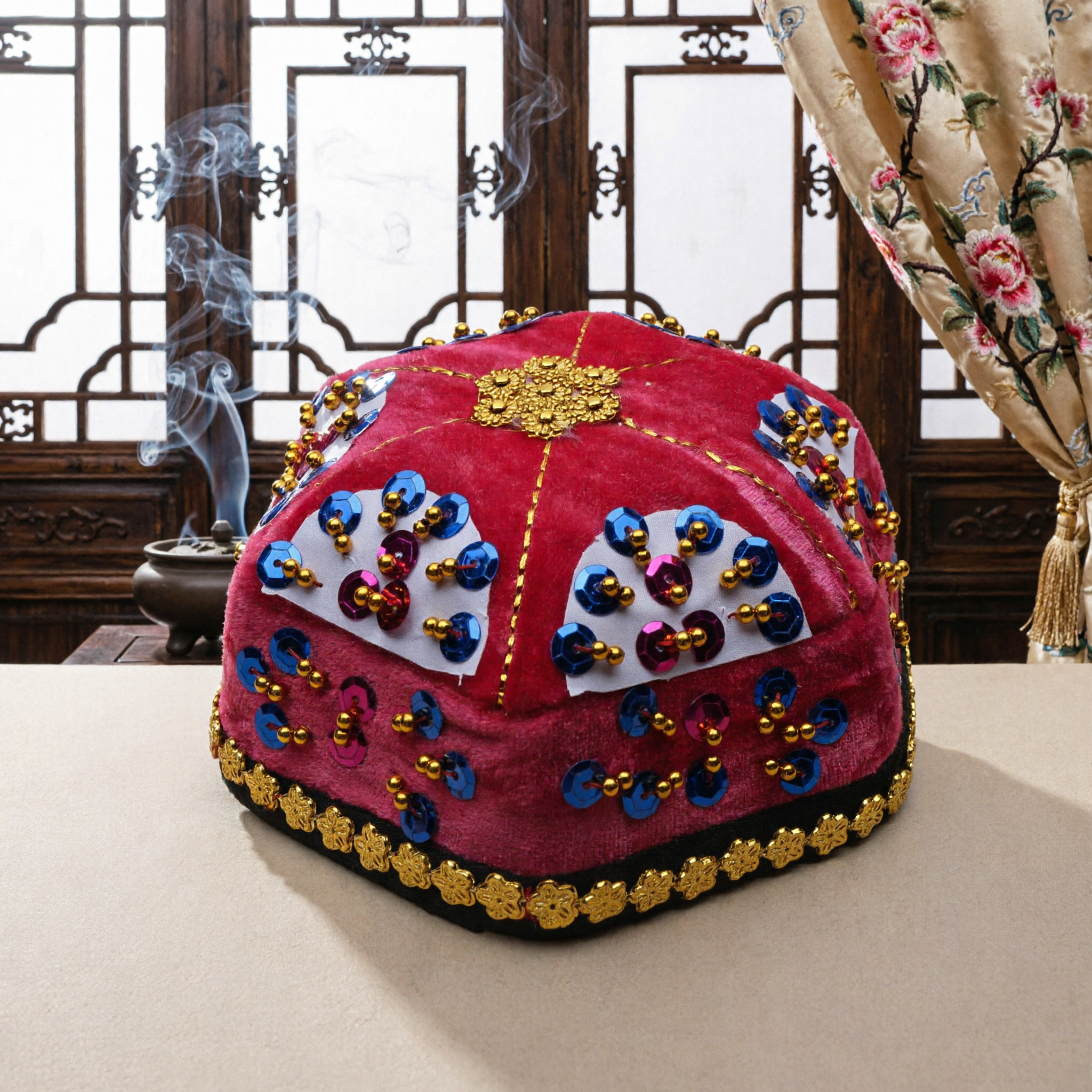Traditional Chinese Pink Velvet Hat with Sequin Embroidery Folk Dance Costume Cap for Children Performance