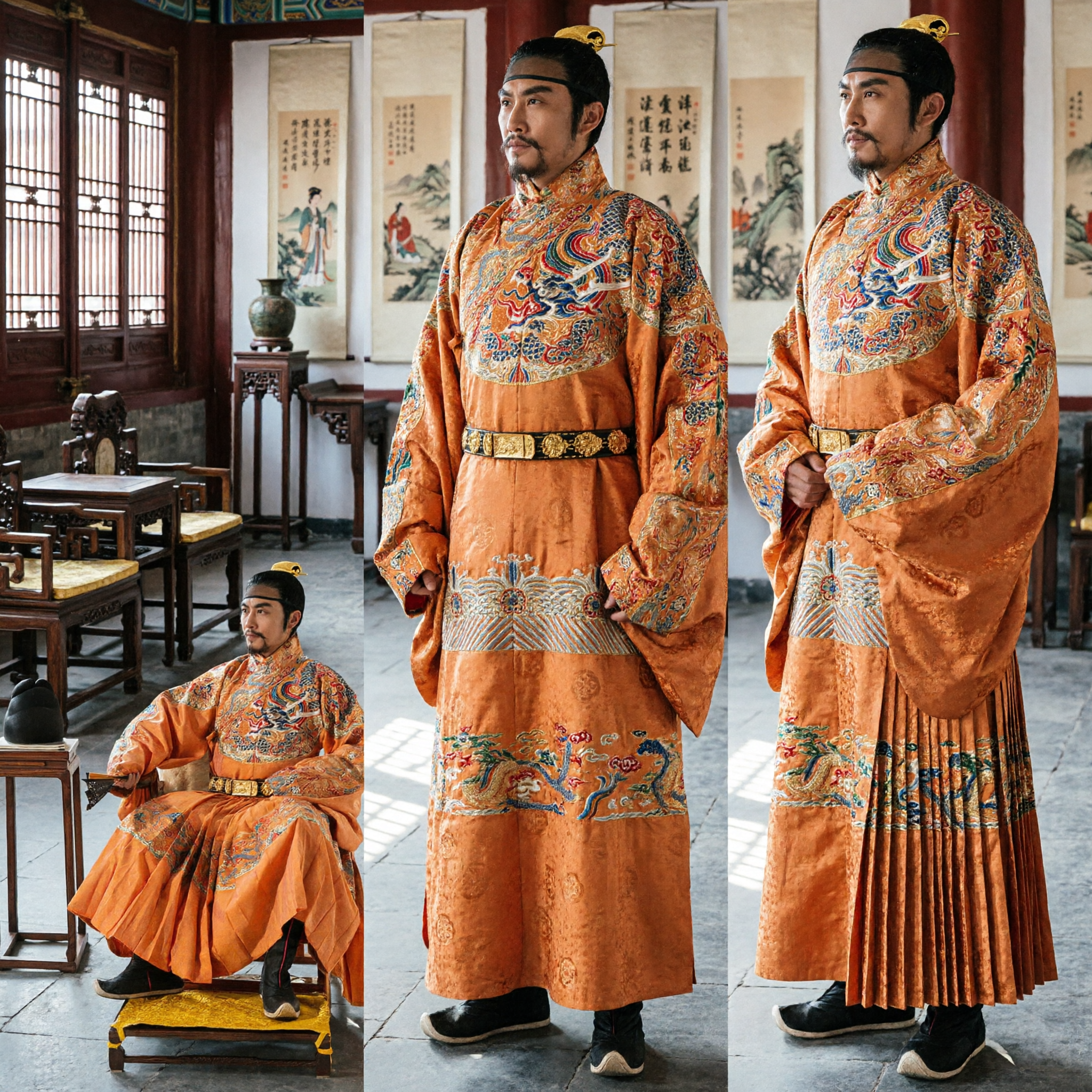 Traditional Chinese Emperor Costume Men Ming Dynasty Orange Dragon Robe Historical Cosplay Hanfu Outfit