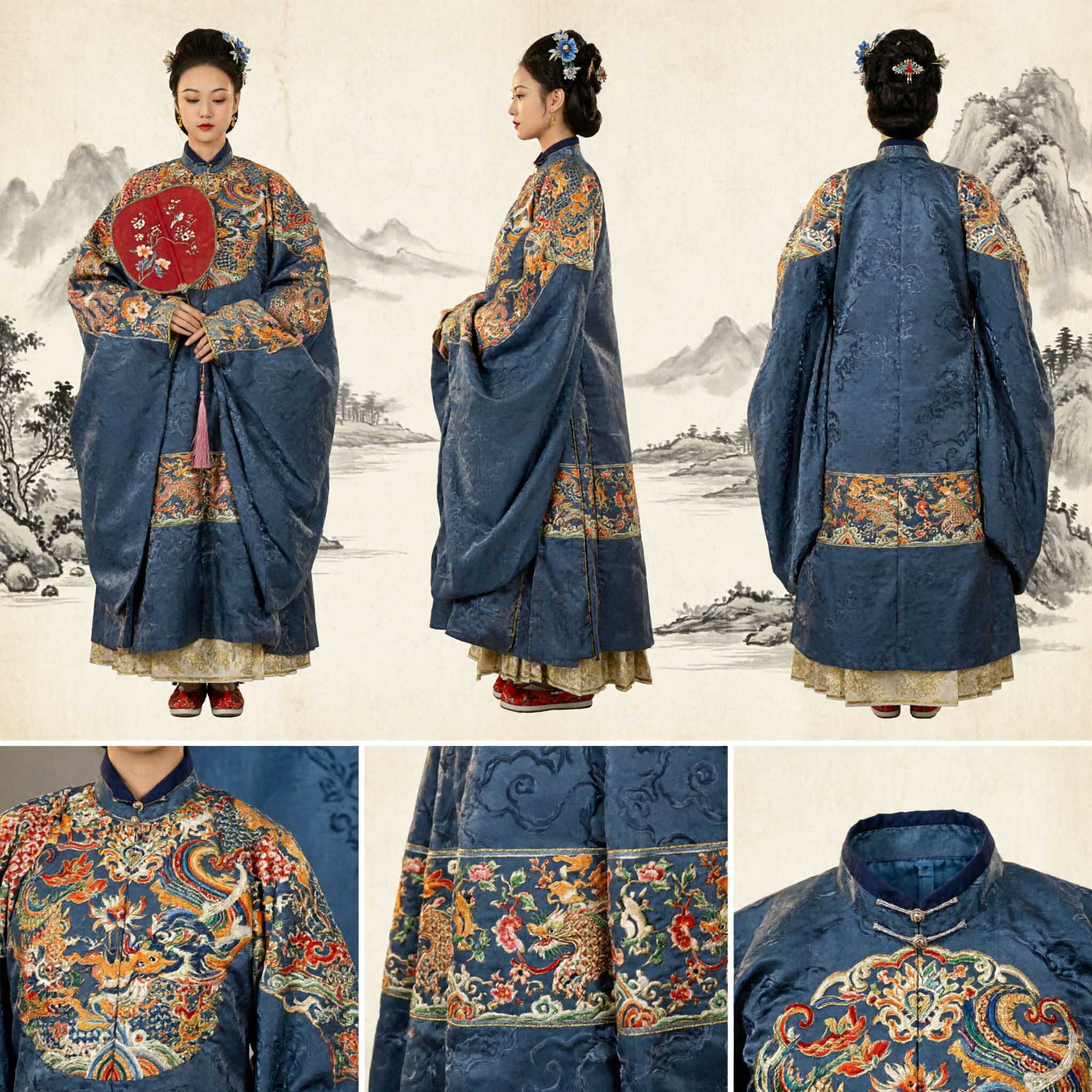 Traditional Chinese Ming Dynasty Hanfu Blue Embroidered Dragon Robe and Skirt Set for Women Formal Historical Costume